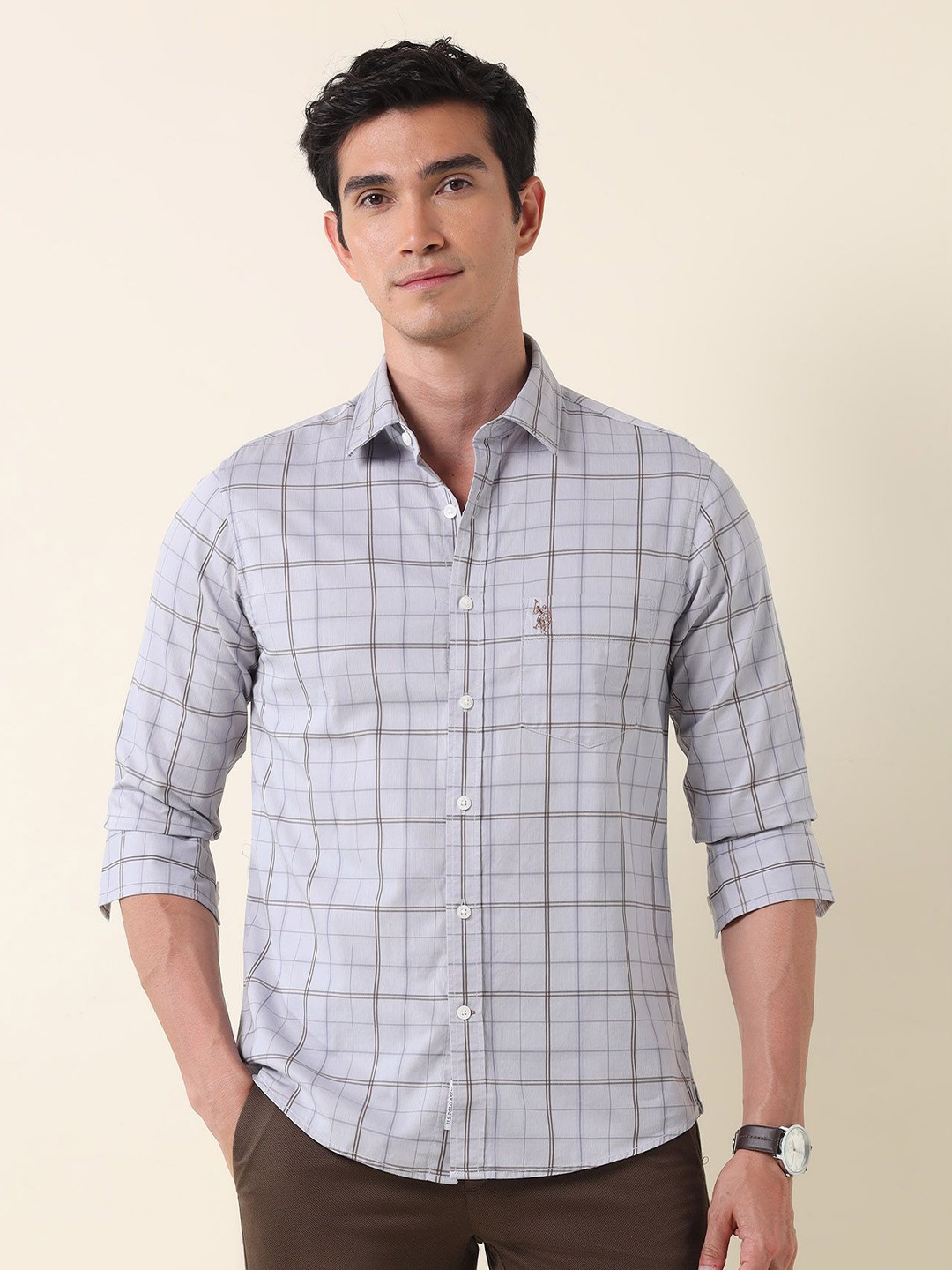 

U.S. Polo Assn. Men Tailored Fit Opaque Checked Casual Shirt, Grey