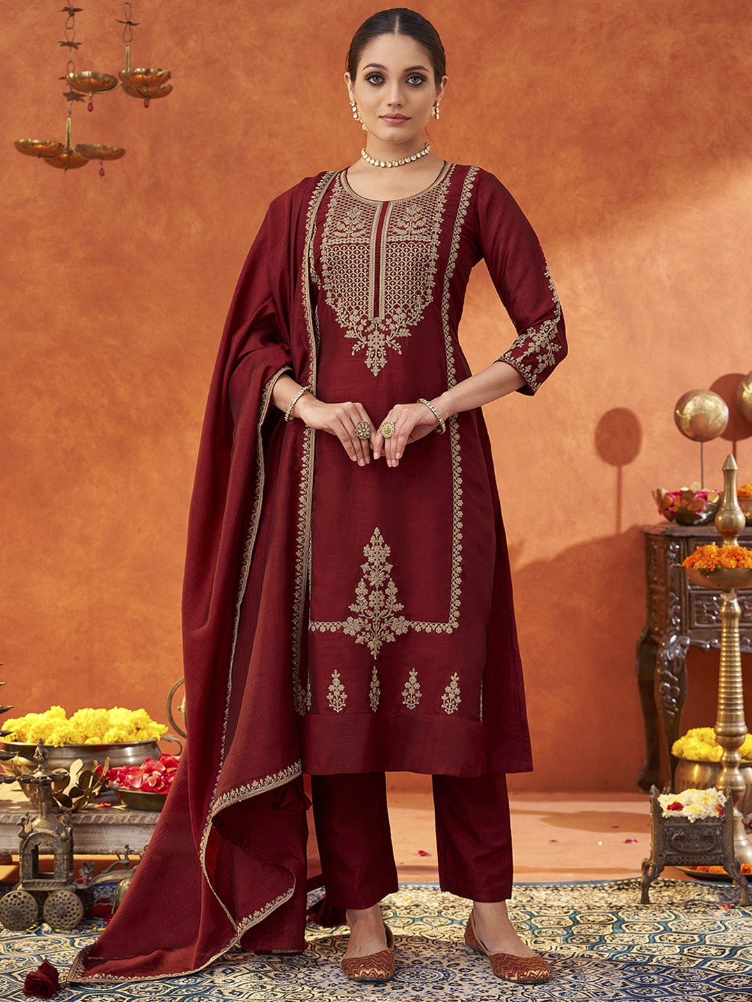 

Shaily Floral Embroidered Round Neck A-Line Kurta With Trousers & Dupatta, Maroon