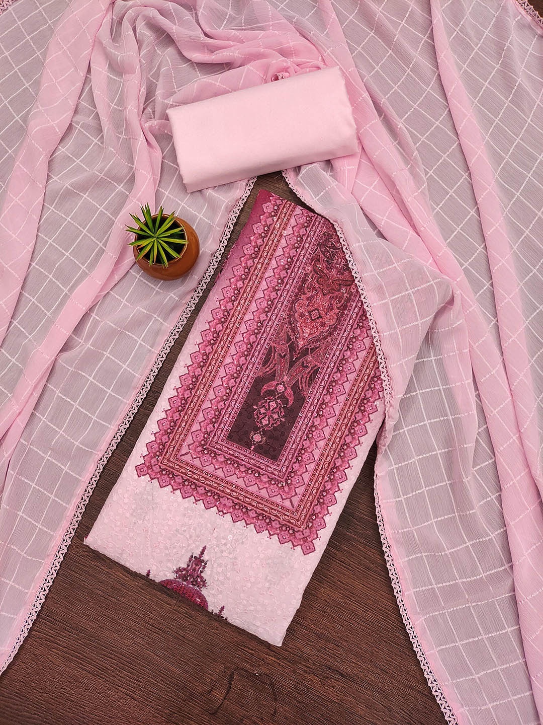 

SAINOOR Ethnic Motifs Embroidered Cotton Unstitched Dress Material, Pink