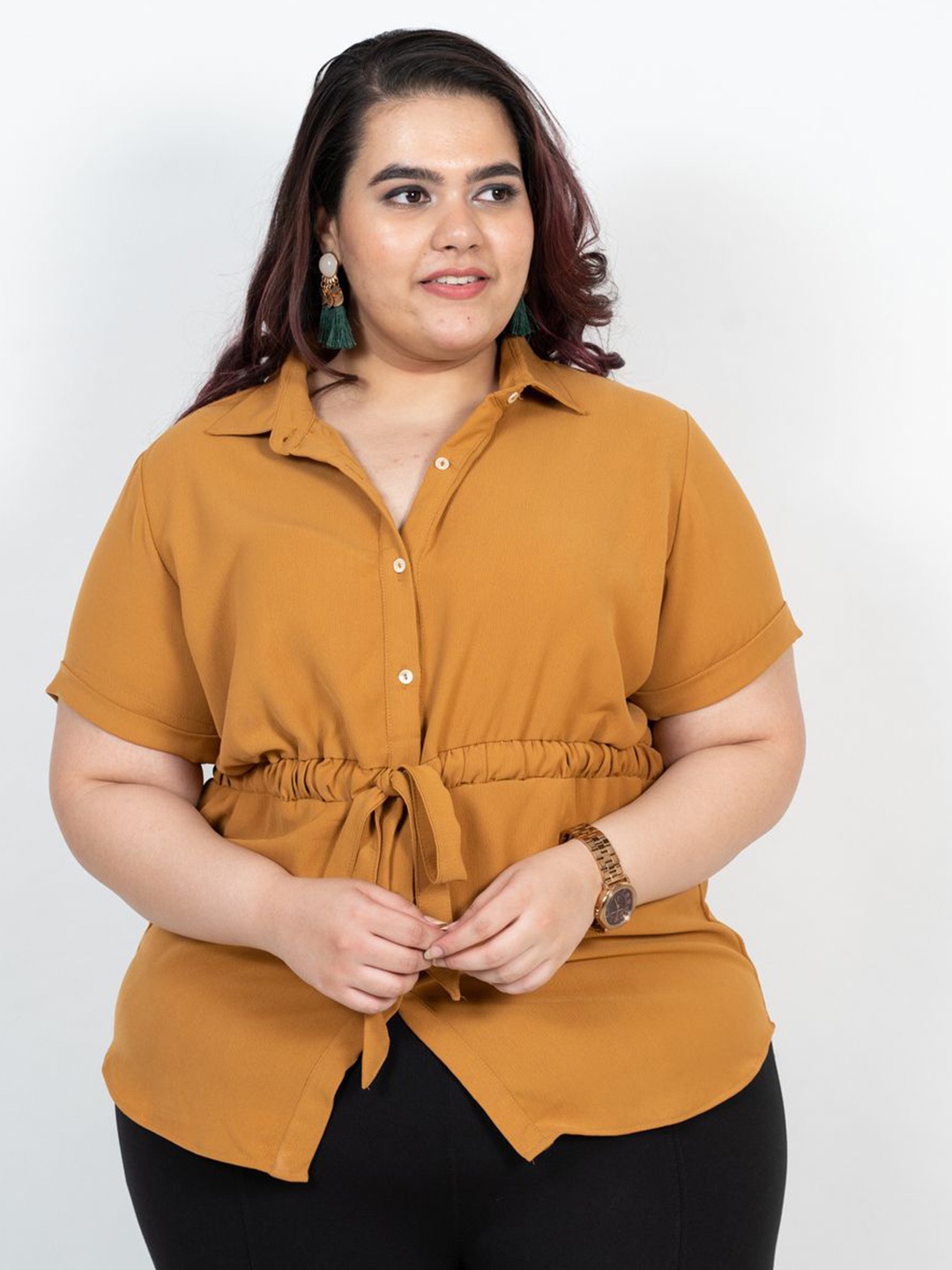 

XOXO Cherry Mandarin Collar Shirt Style Top, Mustard