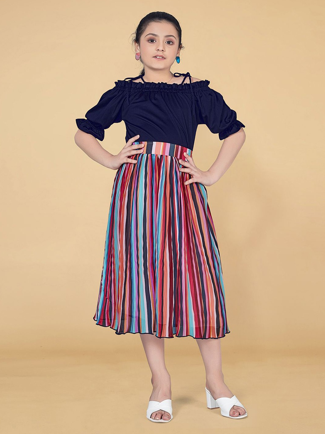 

YK Girls Shoulder Straps Neck Top With Skirt, Navy blue