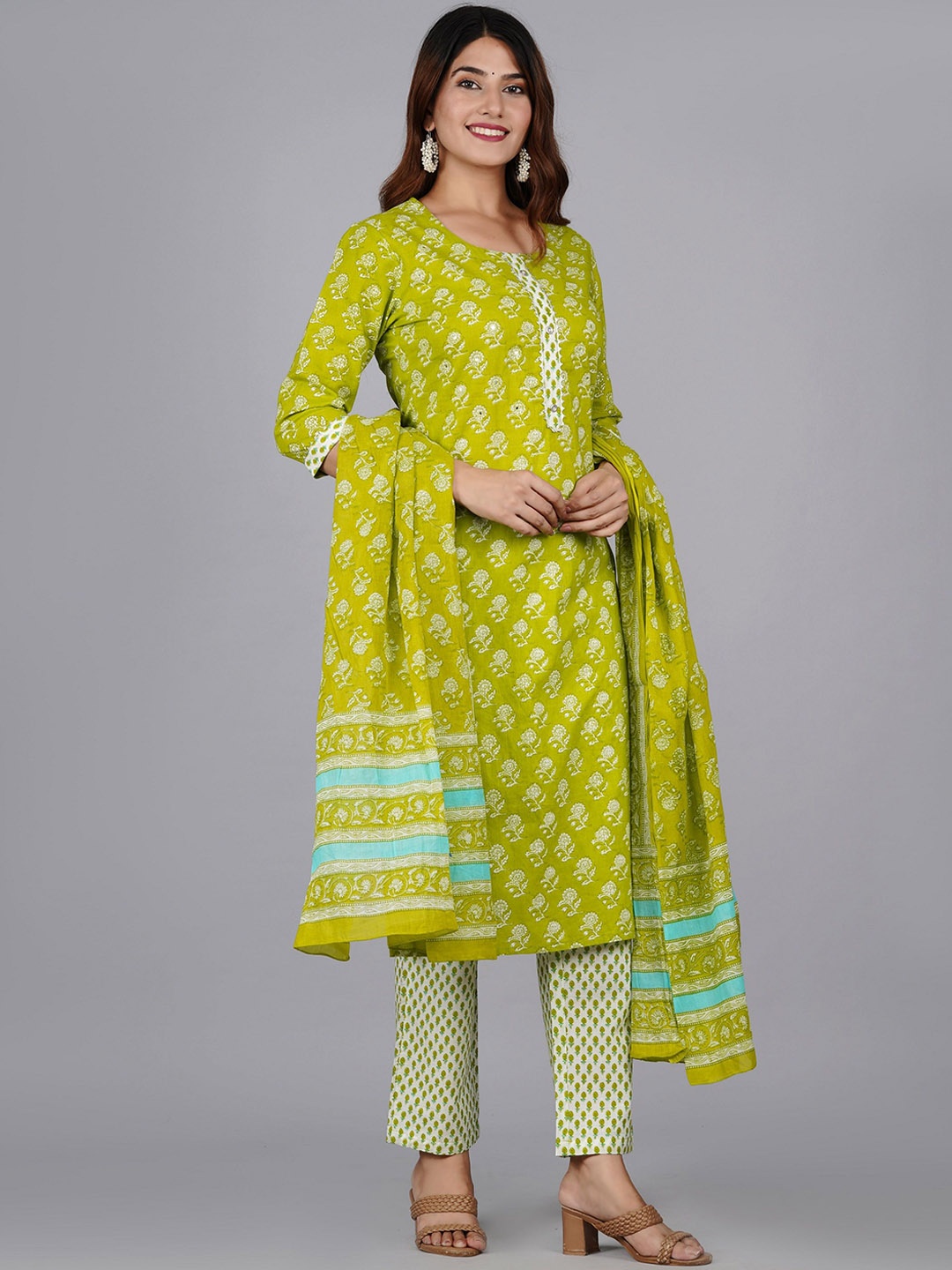 

Moda Rapido Floral Printed Straight Pure Cotton Kurta With Trousers And Dupatta, Lime green