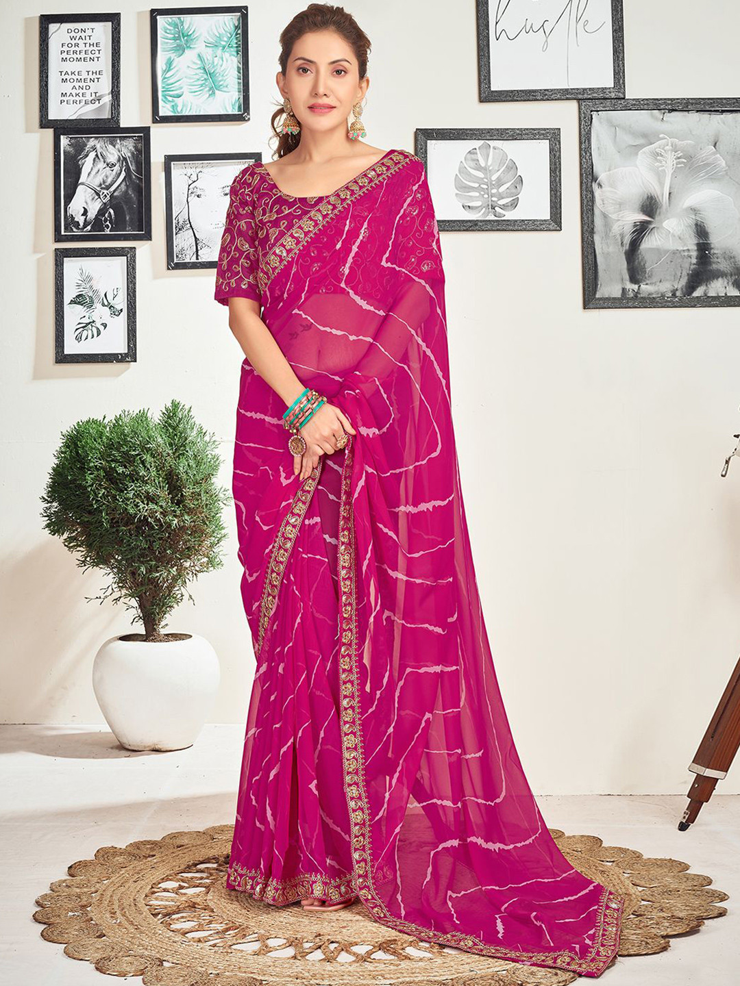 

all about you Embroidered Pure Georgette Leheriya Saree, Pink