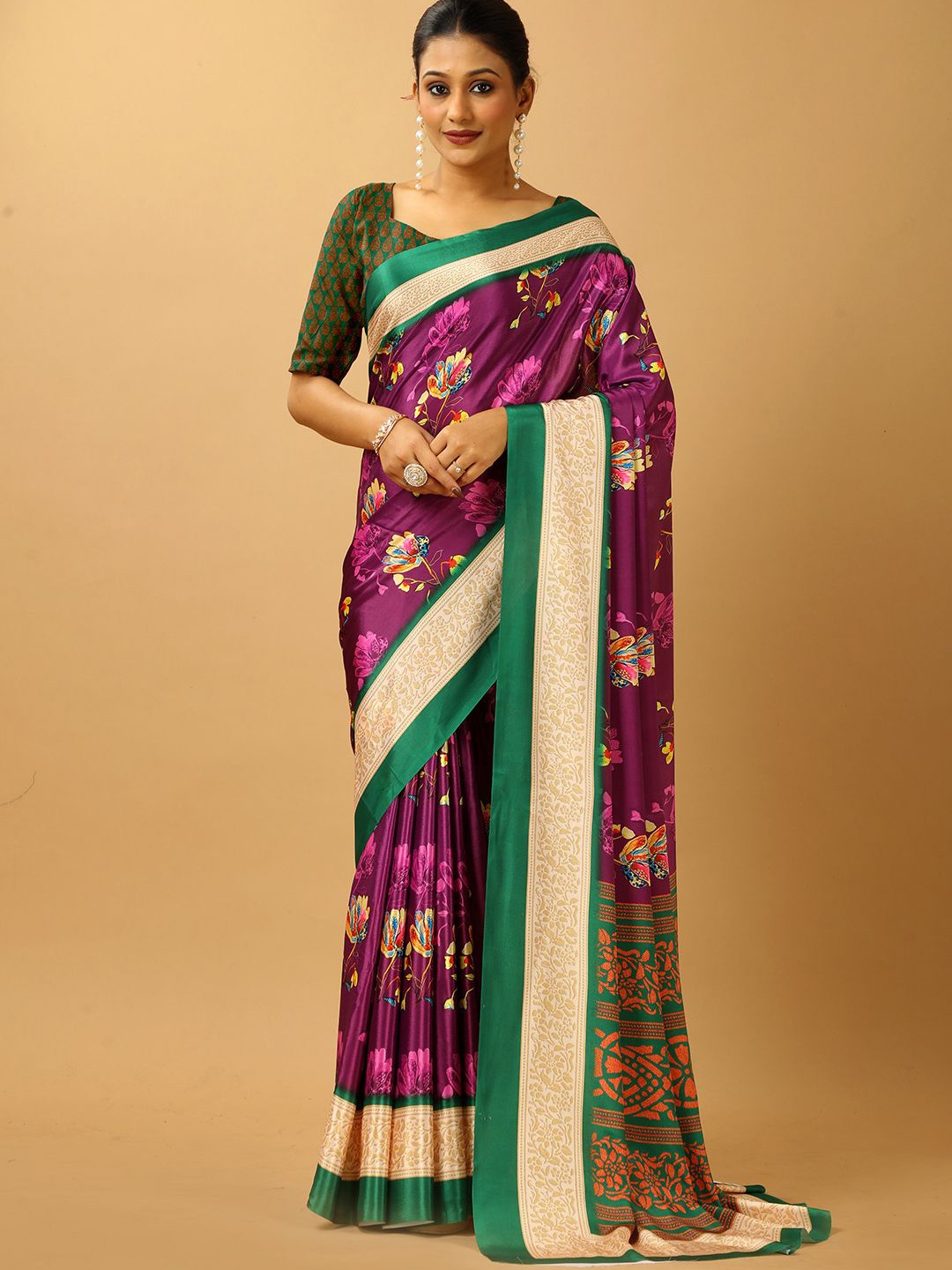 

VIRENDRA TEXTILES Floral Printed Pure Crepe Saree, Purple