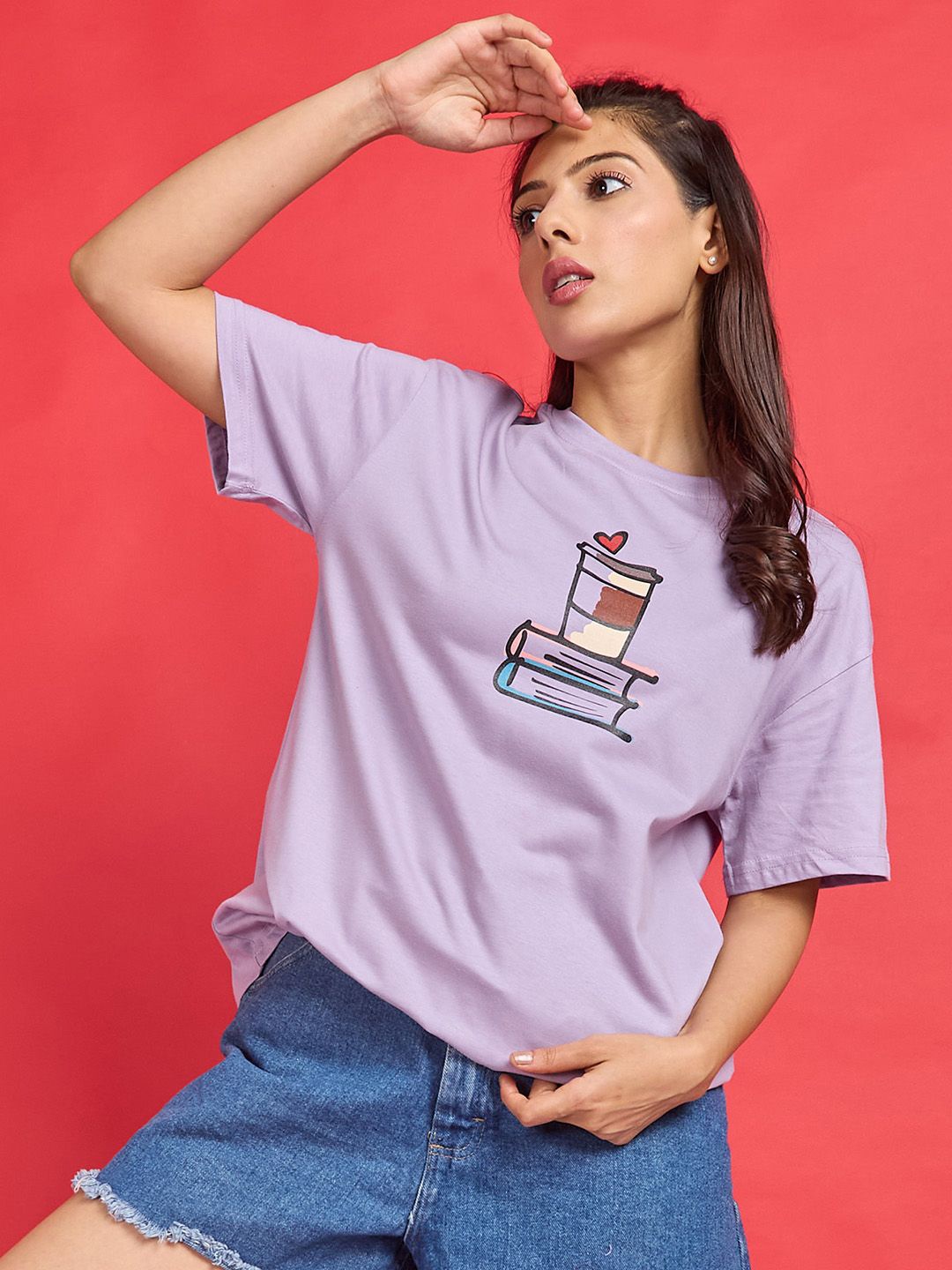 

Mast & Harbour Women Graphic Printed Round Neck Cotton Oversized T-shirt, Lavender