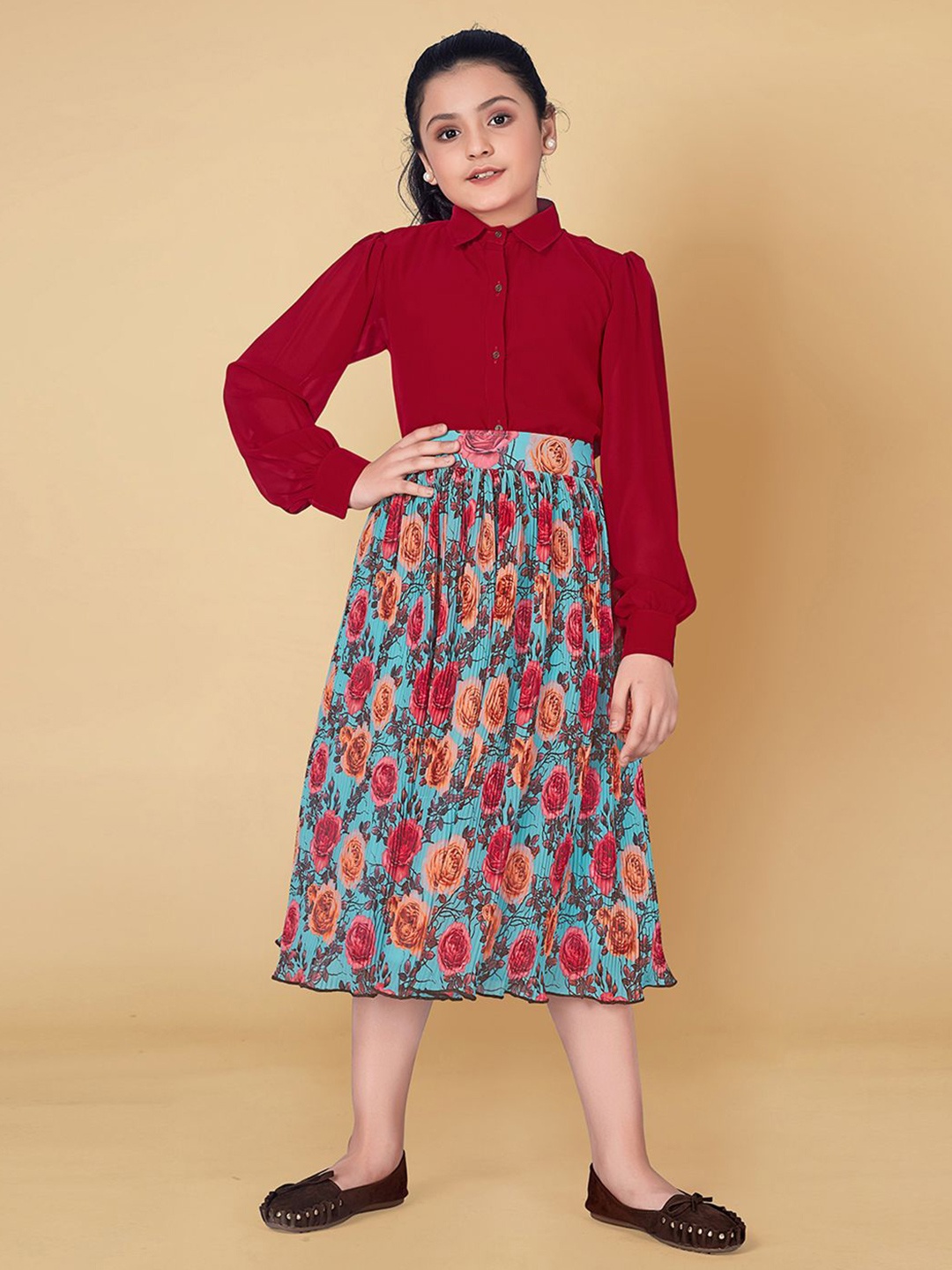 

YK Girls Long Sleeves Shirt With Skirt, Red