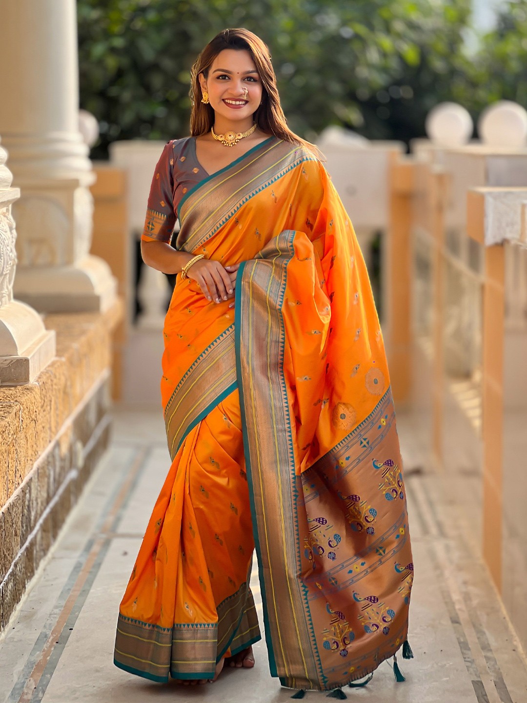 

Ekta Textiles Woven Design Zari Pure Silk Paithani Saree, Mustard