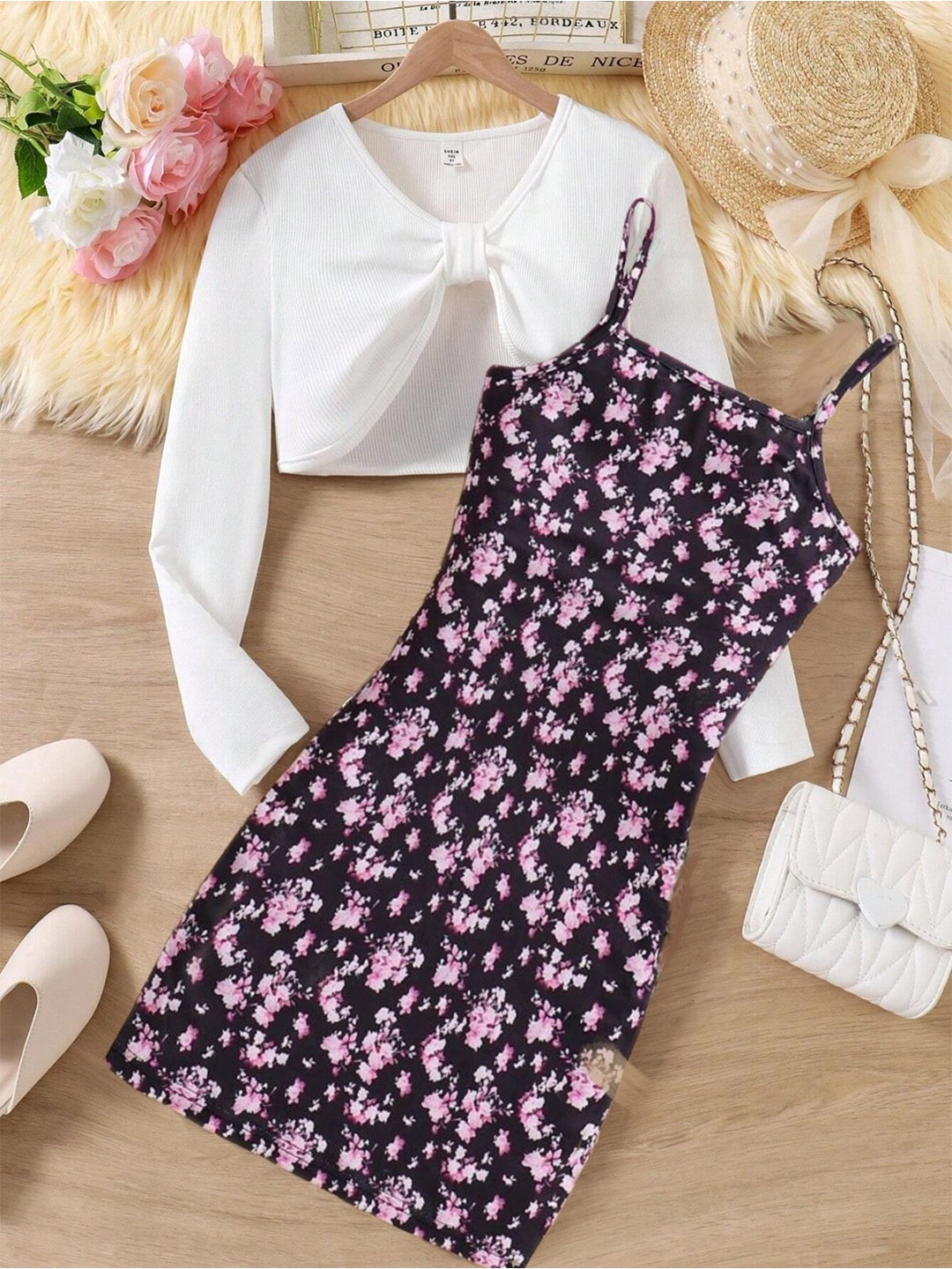 

BAESD Girls Floral Printed Bodycon Midi Dress With Top, Black