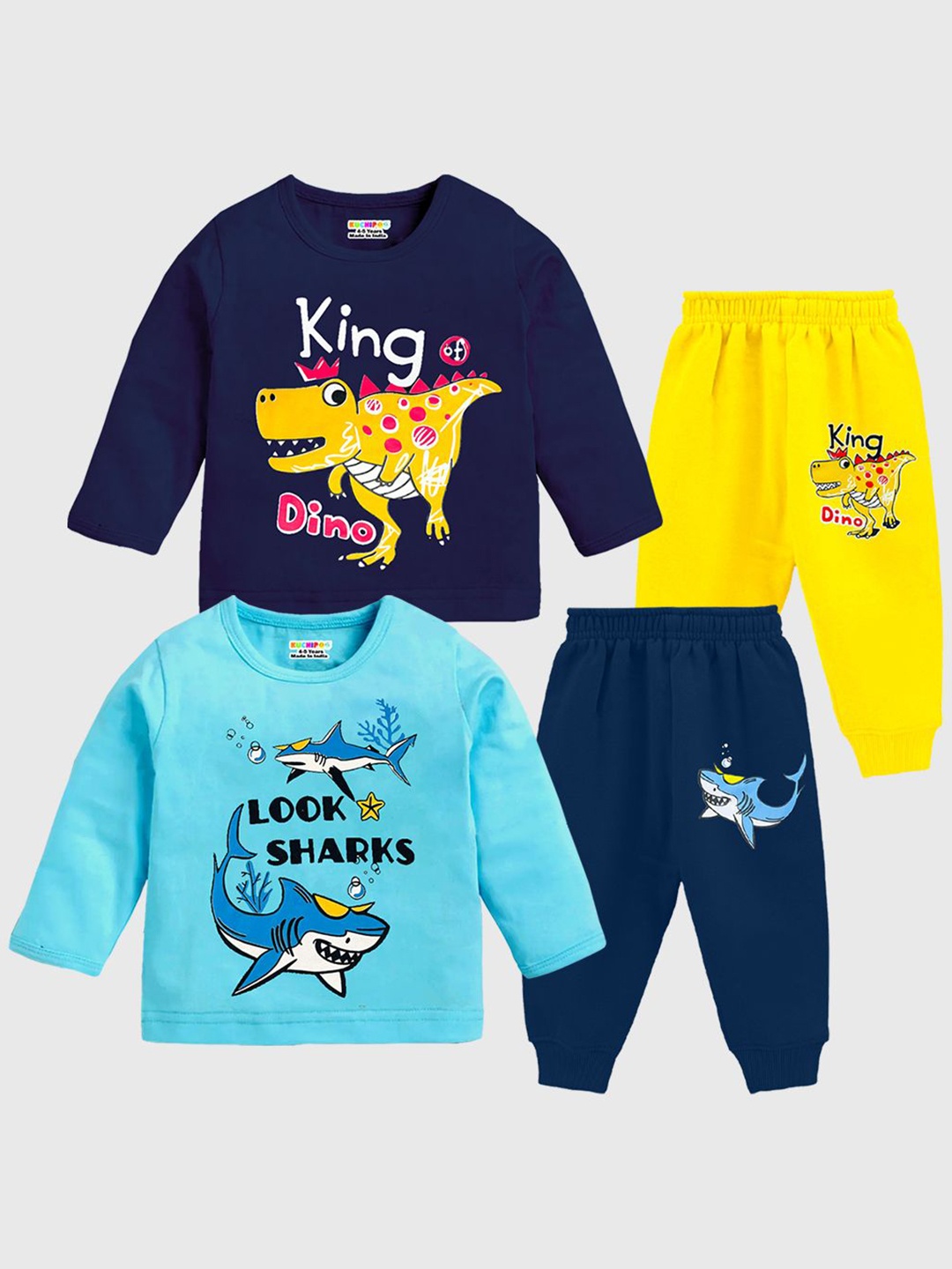 

KUCHIPOO Boys Pack Of 2 Printed Round Neck Sweatshirts With Joggers, Navy blue