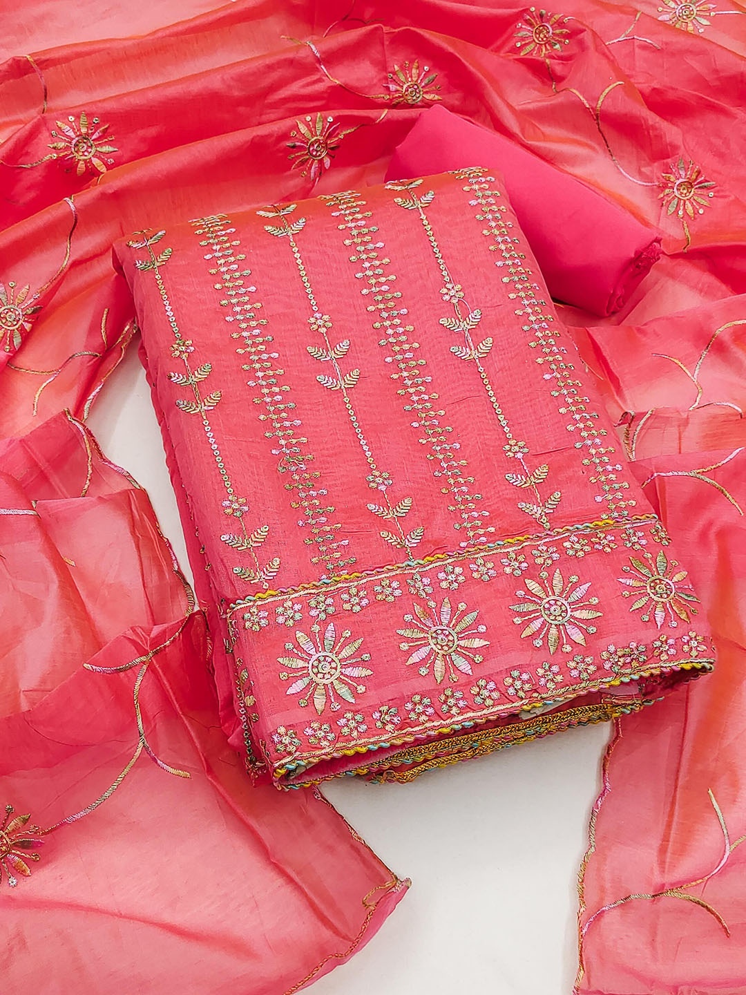 

SAINOOR Floral Embroidered Chanderi Cotton Unstitched Dress Material, Pink