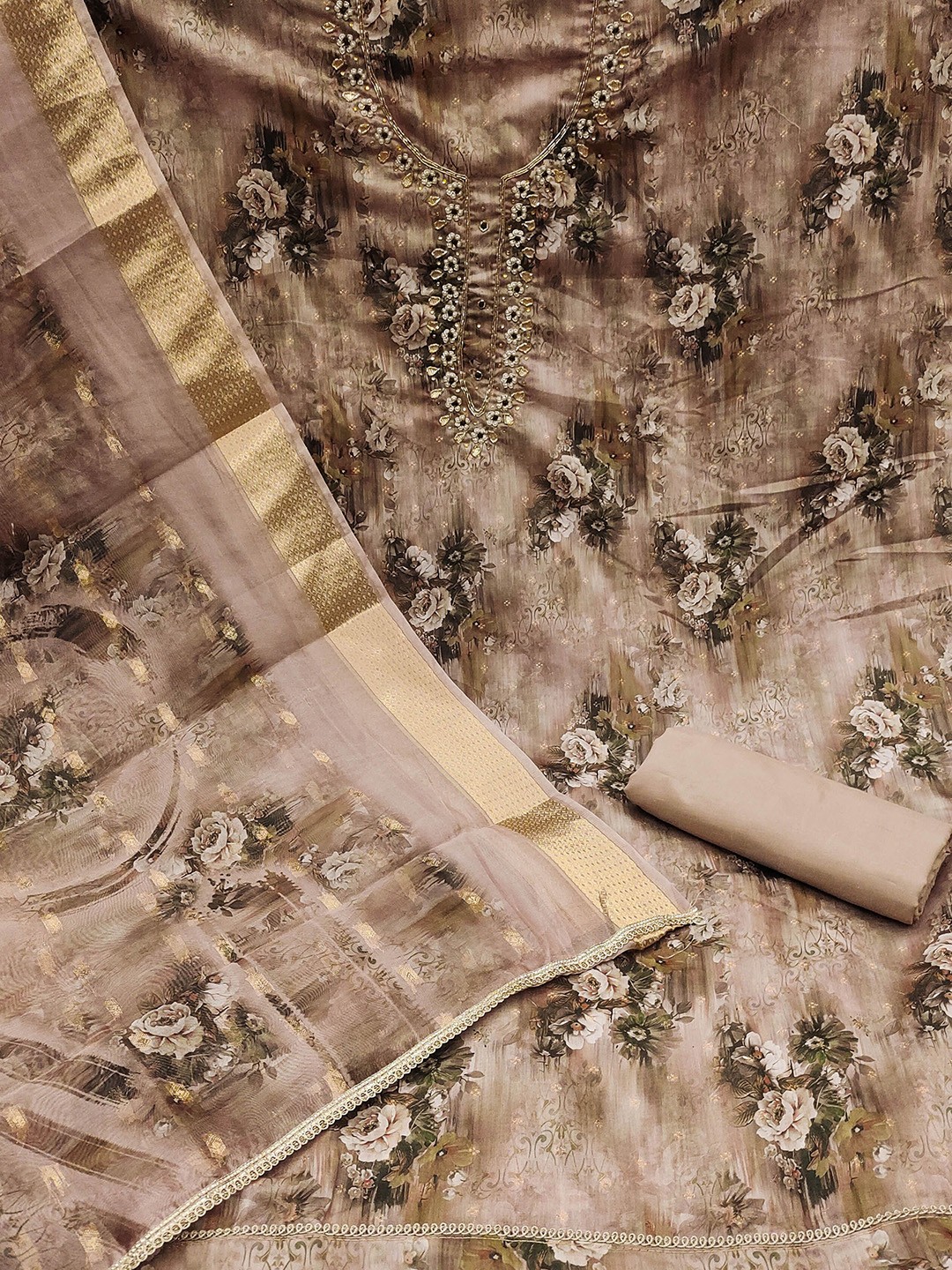 

SAINOOR Floral Printed Embellished Semi-Stitched Dress Material, Brown