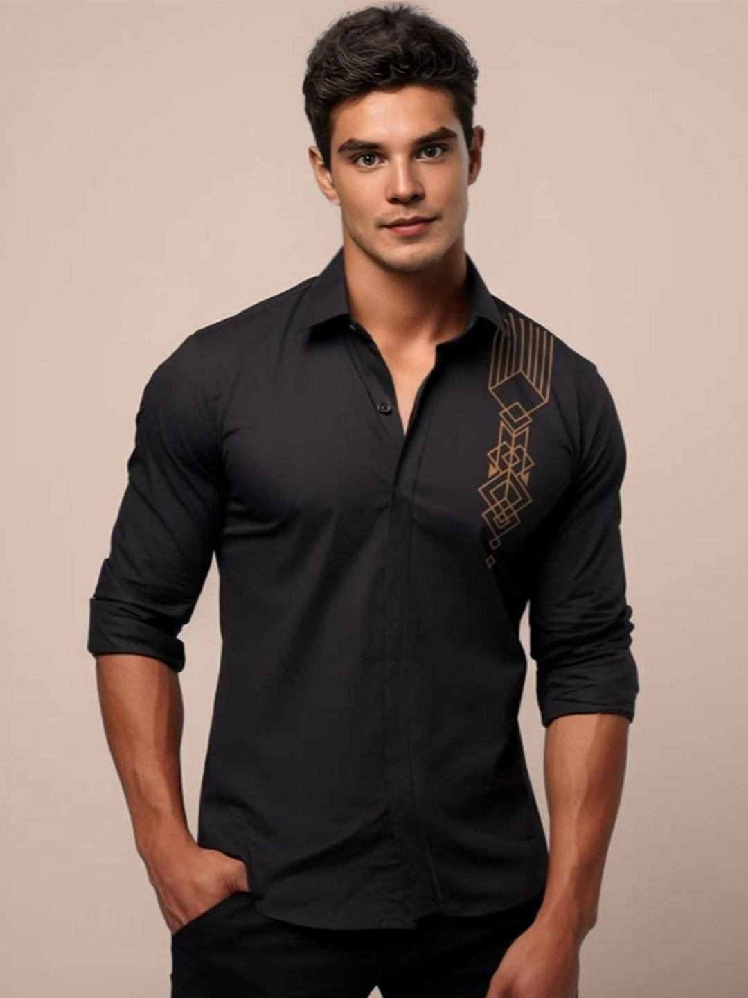 

HE SPOKE Men Smart Tailored Fit Opaque Printed Casual Shirt, Black