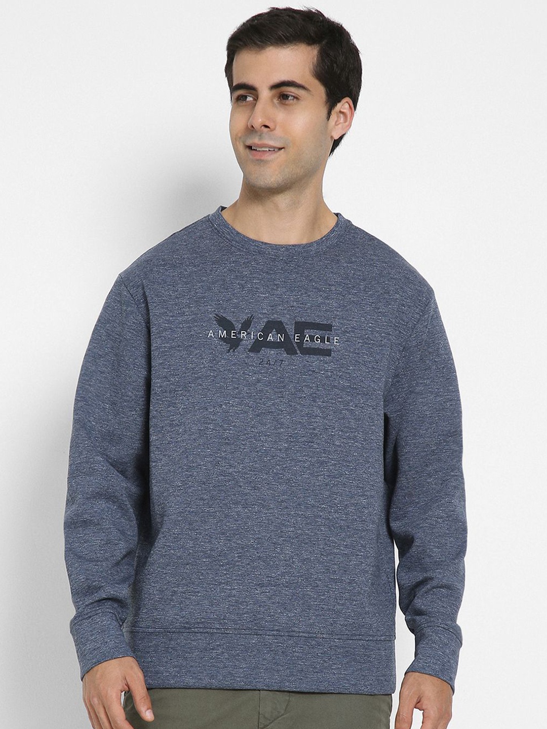 

AMERICAN EAGLE OUTFITTERS Men Printed Round Neck Pullover Sweatshirt, Navy blue