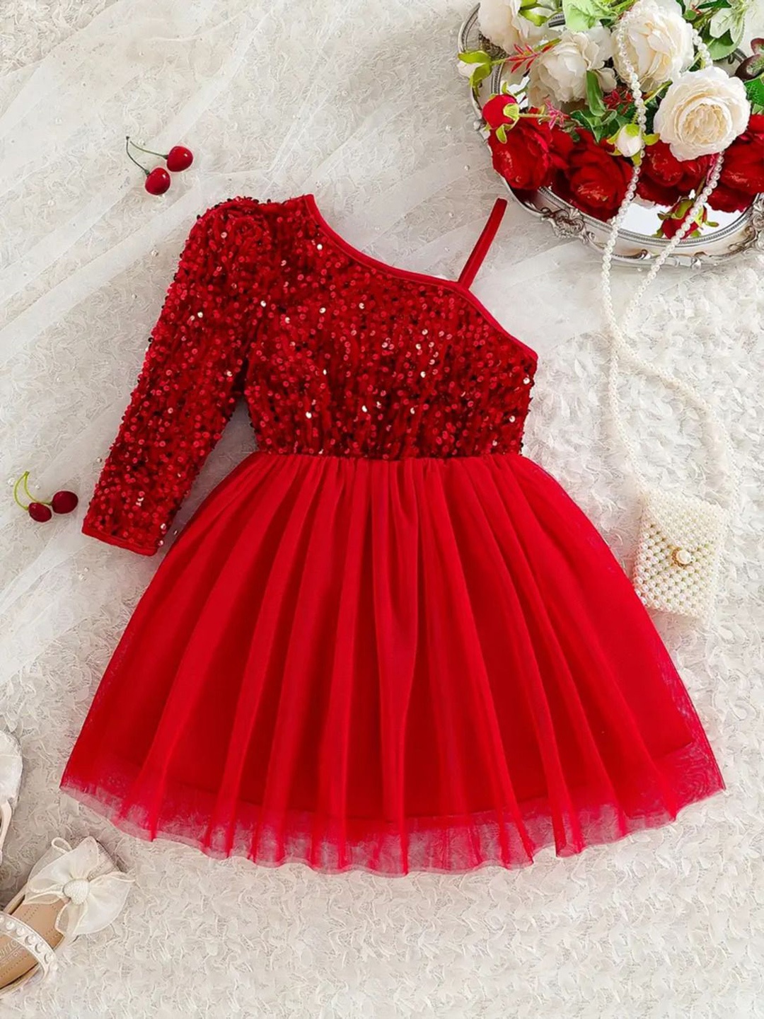 

BAESD Girl Sequined Embellished One Shoulder Tulle Fit & Flare Dress, Red