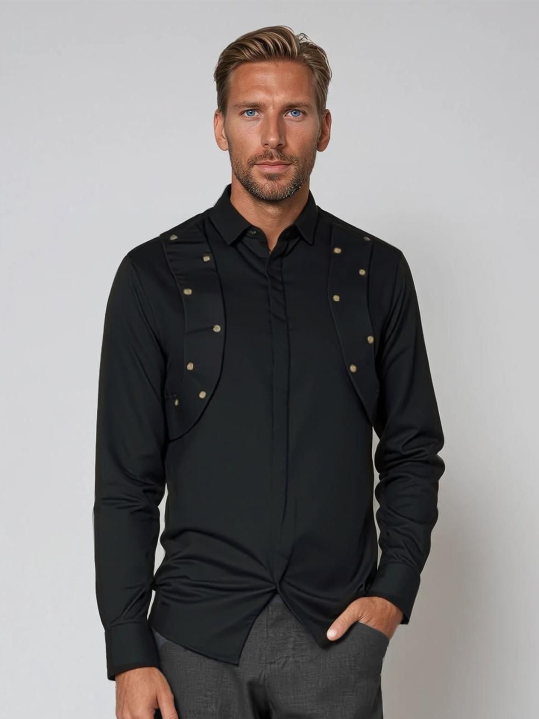 

HE SPOKE Men Smart Tailored Fit Opaque Party Shirt, Black