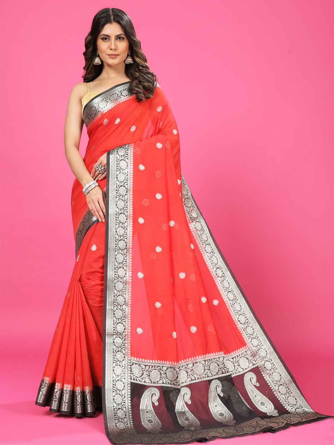 

CRAFTYSTYLES Woven Design Zari Pure Chiffon Banarasi Saree, Red