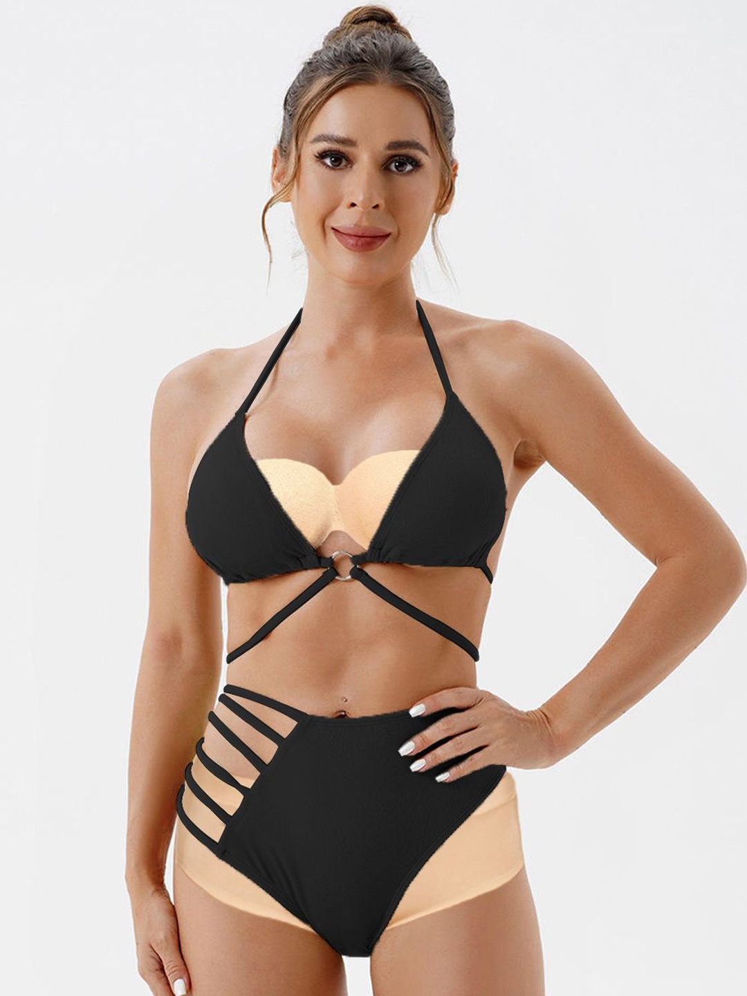 

VAGHBHATT Halter Neck Swim Bikini Set, Black