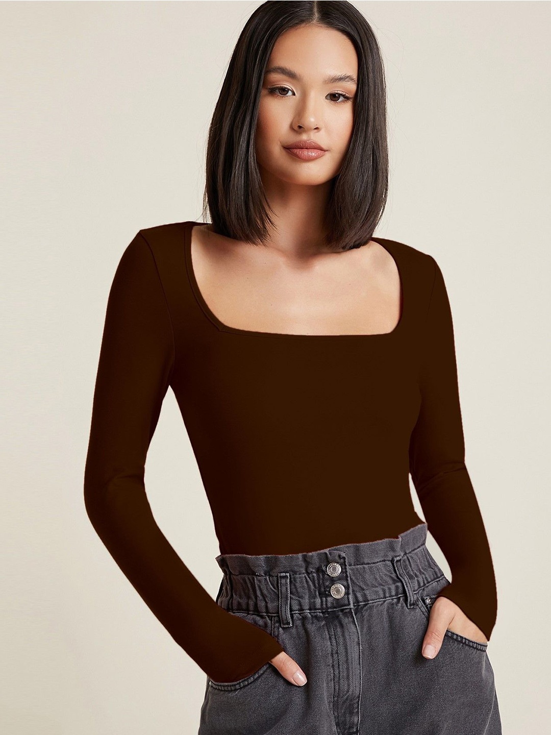 

AAHWAN Women Solid Basic Square Neck Crop Top, Brown