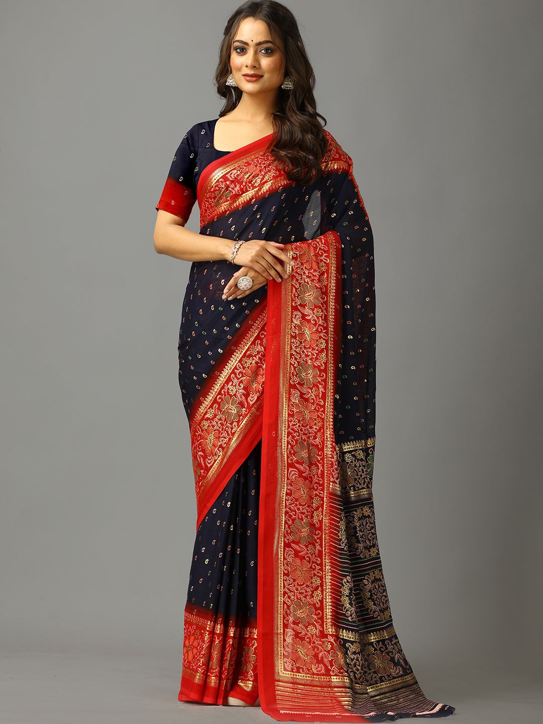 

NIRMAL CREATION Floral Embroidered Pure Crepe Saree, Turquoise blue