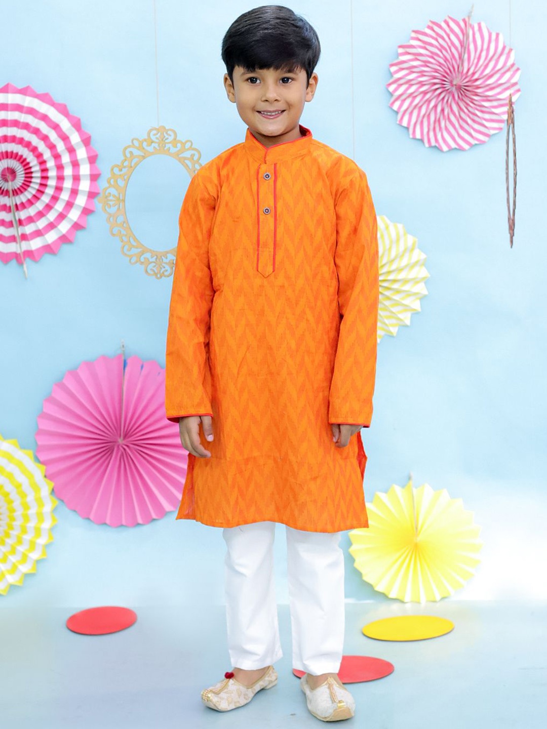 

KID1 Boys Chevron Woven Design Pure Cotton Kurta With Pyjamas, Orange