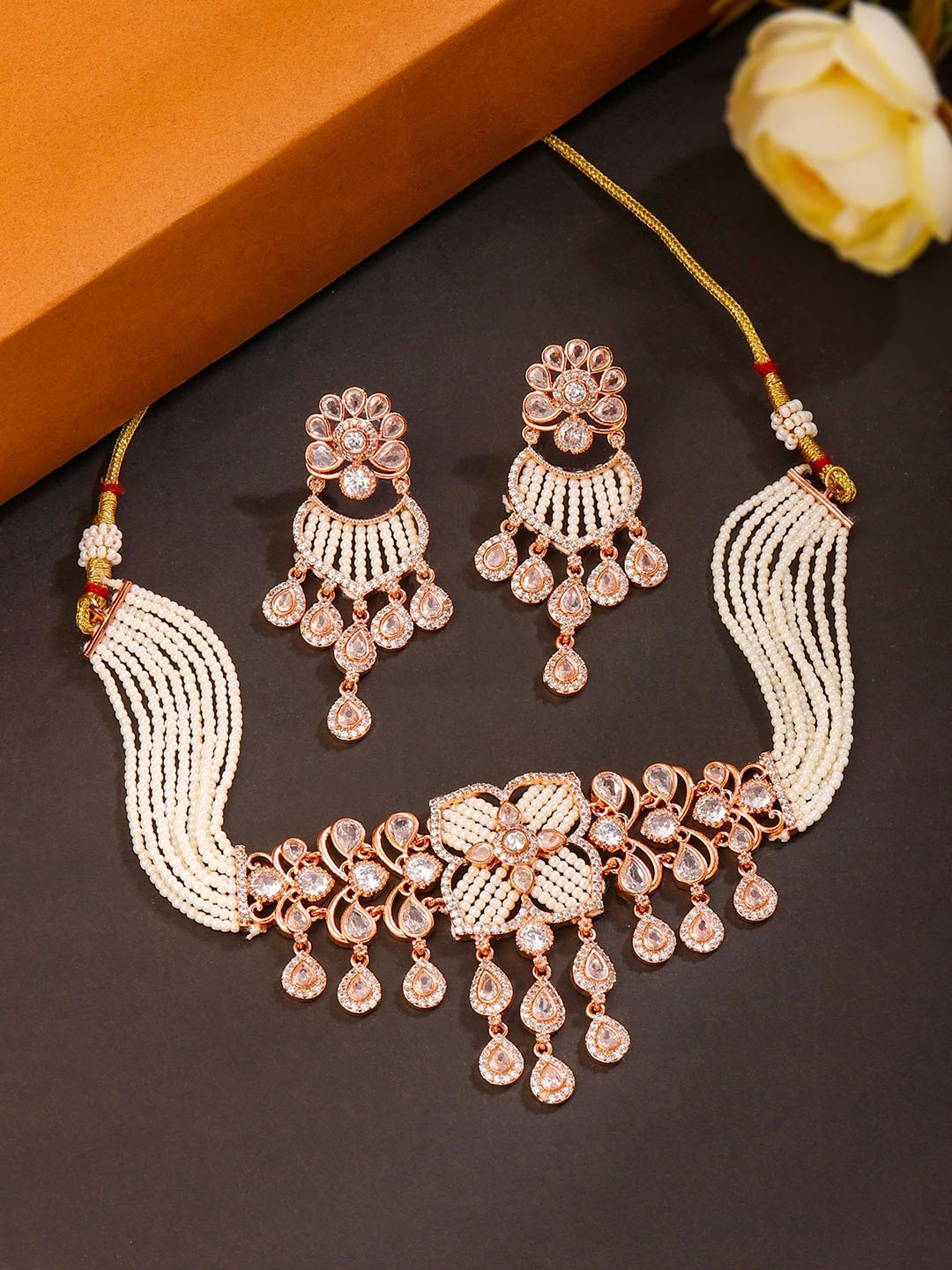 

Yellow Chimes Rose Gold-Plated American Diamond-Studded Choker Jewellery Set