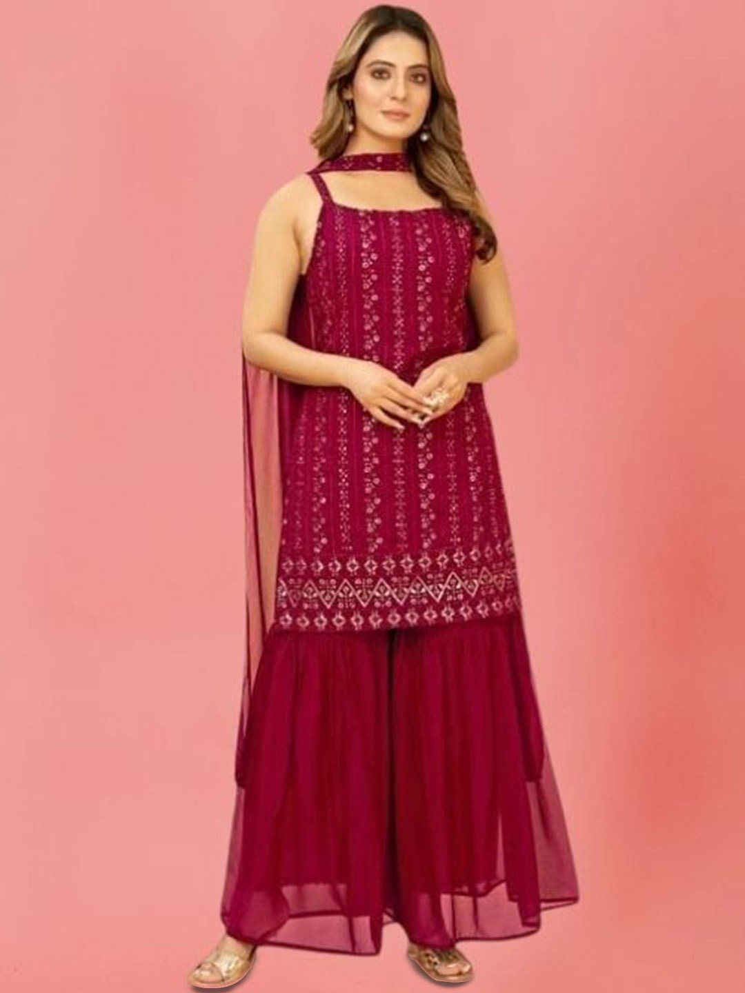 

PARROT CREATION Embroidered Sequinned Round Neck Kurti with Sharara & Dupatta, Pink