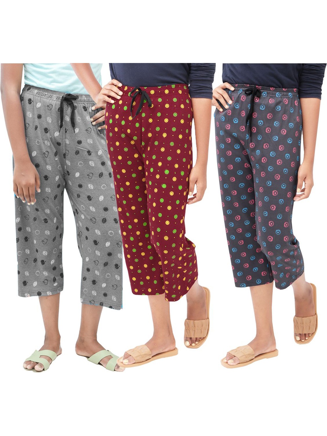 

AFRA GARMENTS Women 3 pcs combo Printed Capris, Maroon