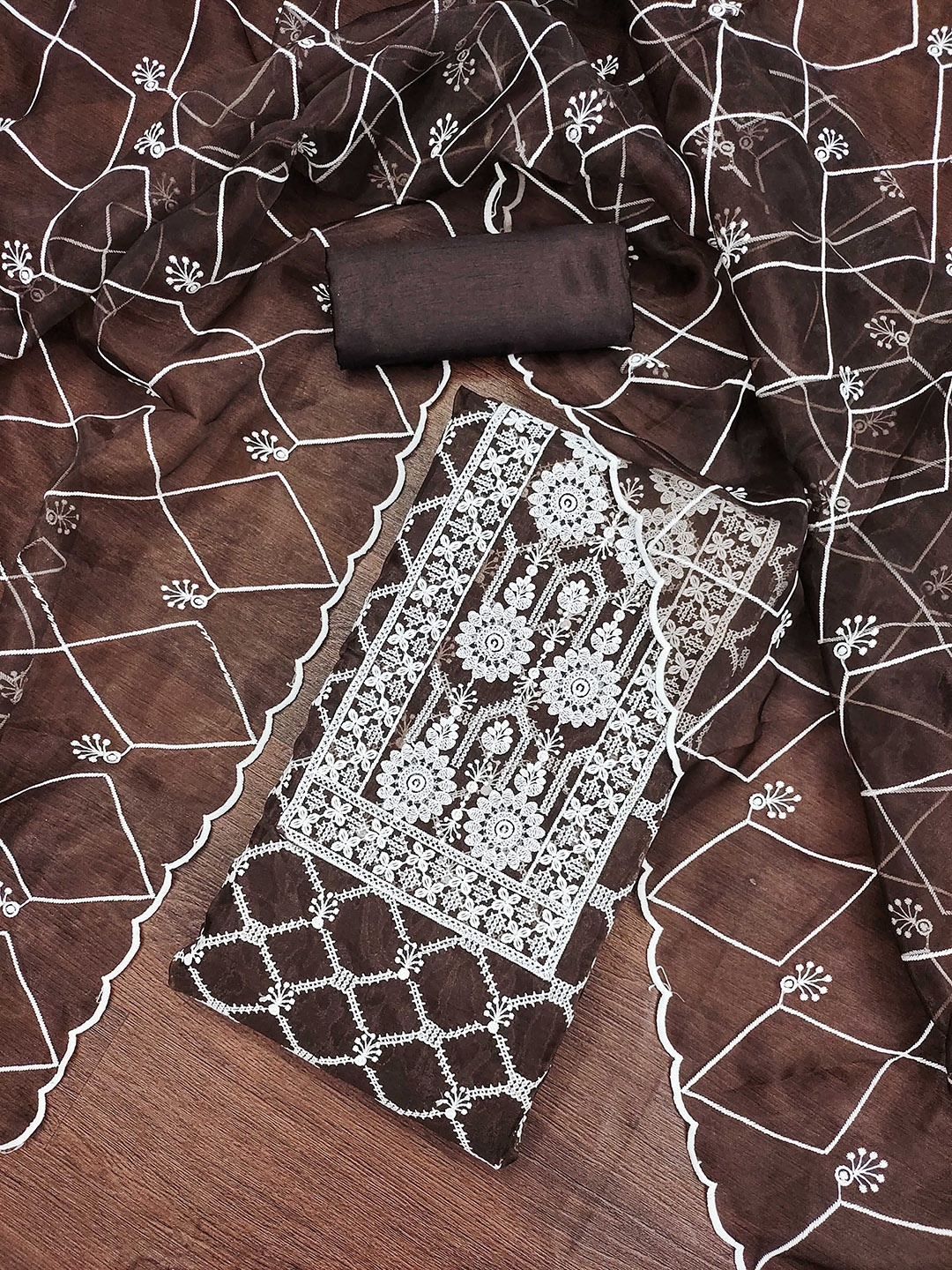 

SAINOOR Floral Embroidered Organza Unstitched Dress Material, Brown