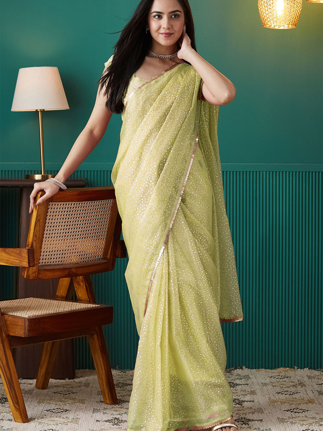 

RACHNA Polka Dot Embelished Ready to Wear Saree, Sea green