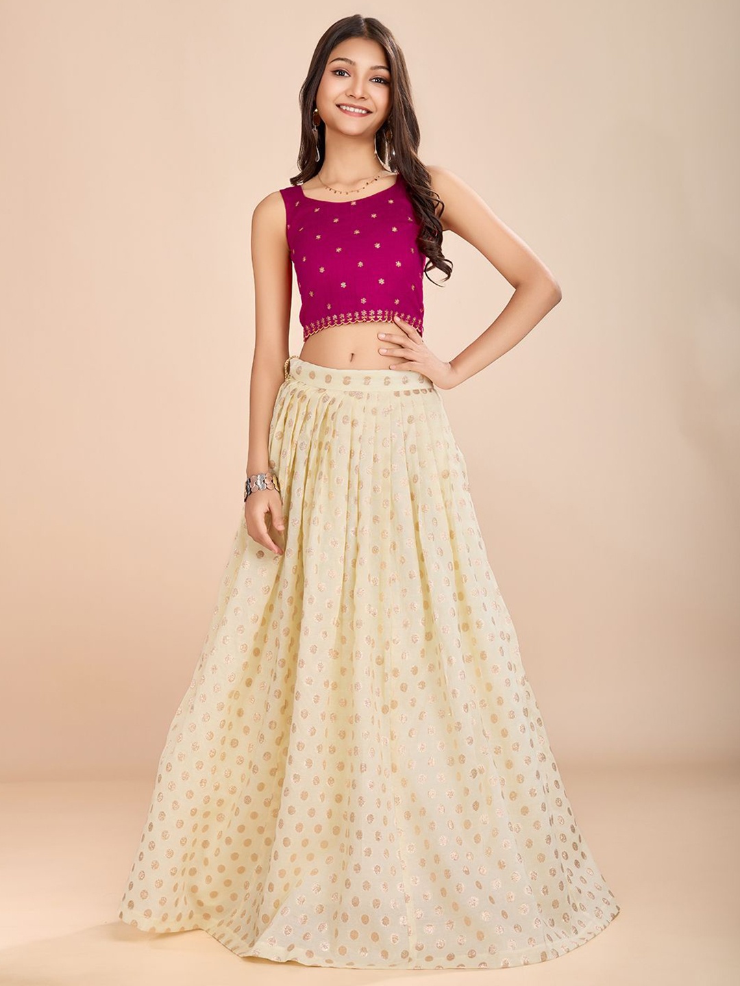 

Tasarika Girls Floral Embroidered Sequinned Ready To Wear Lehenga & Choli, Pink