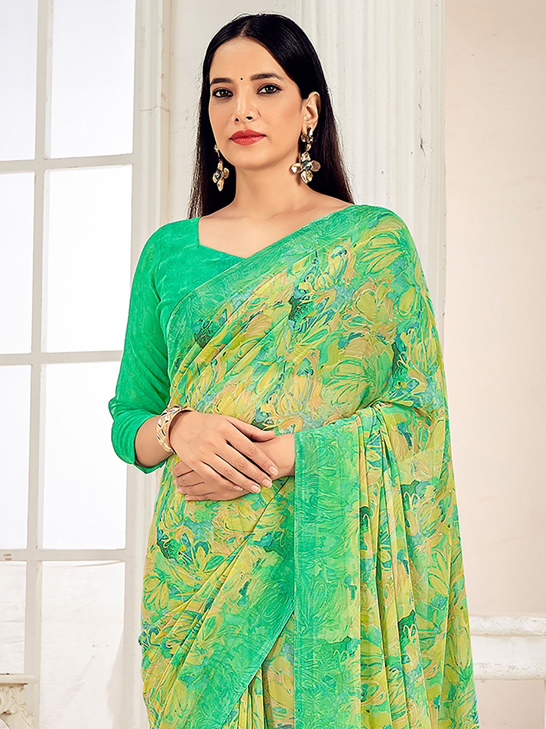 

Anouk Rustic Floral Printed Pure Georgette Dabu Saree, Yellow