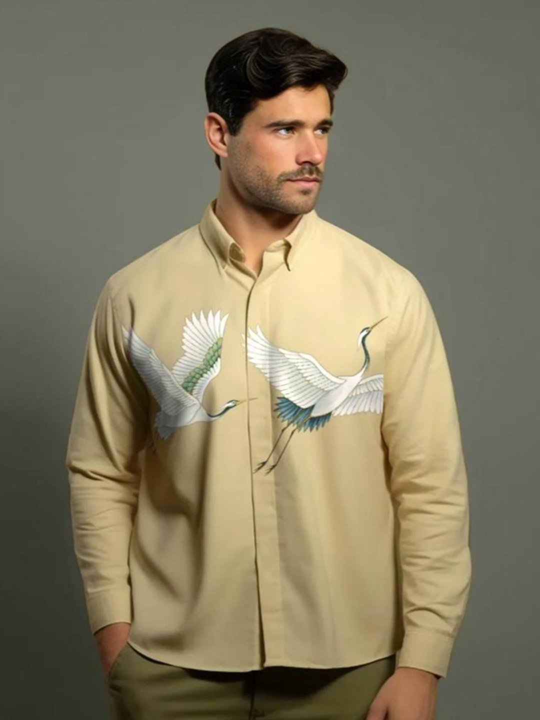 

HE SPOKE Men Smart Tailored Fit Opaque Printed Casual Shirt, Cream