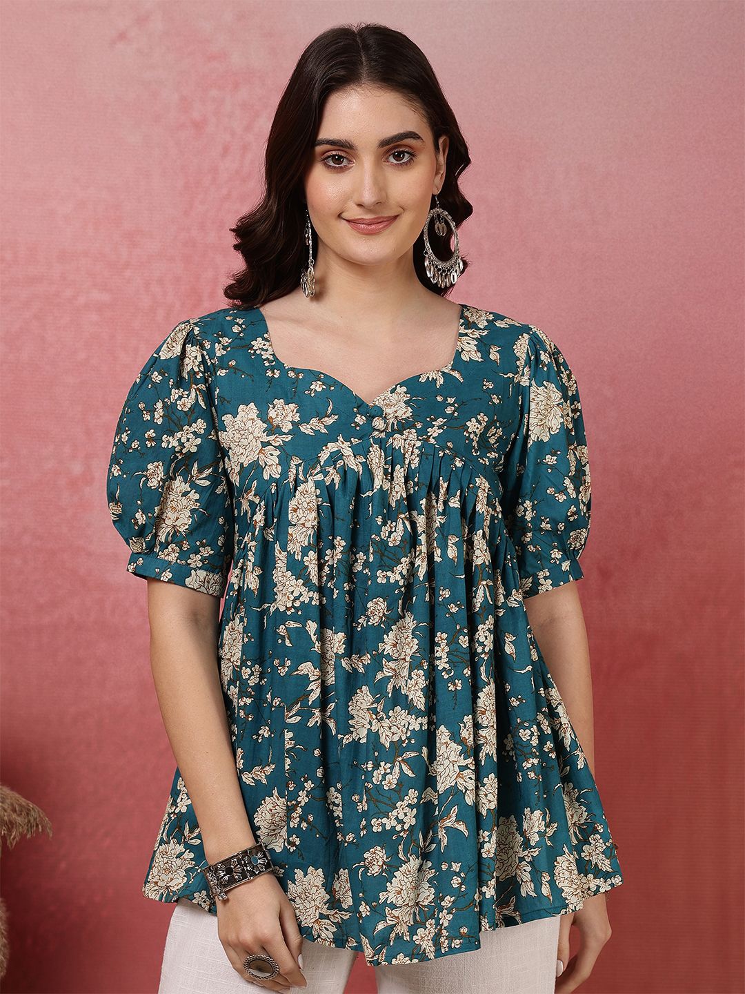 

KIMAYRA Women Floral Printed Sweetheart Neck Puff Sleeve Pure Cotton Top, Teal