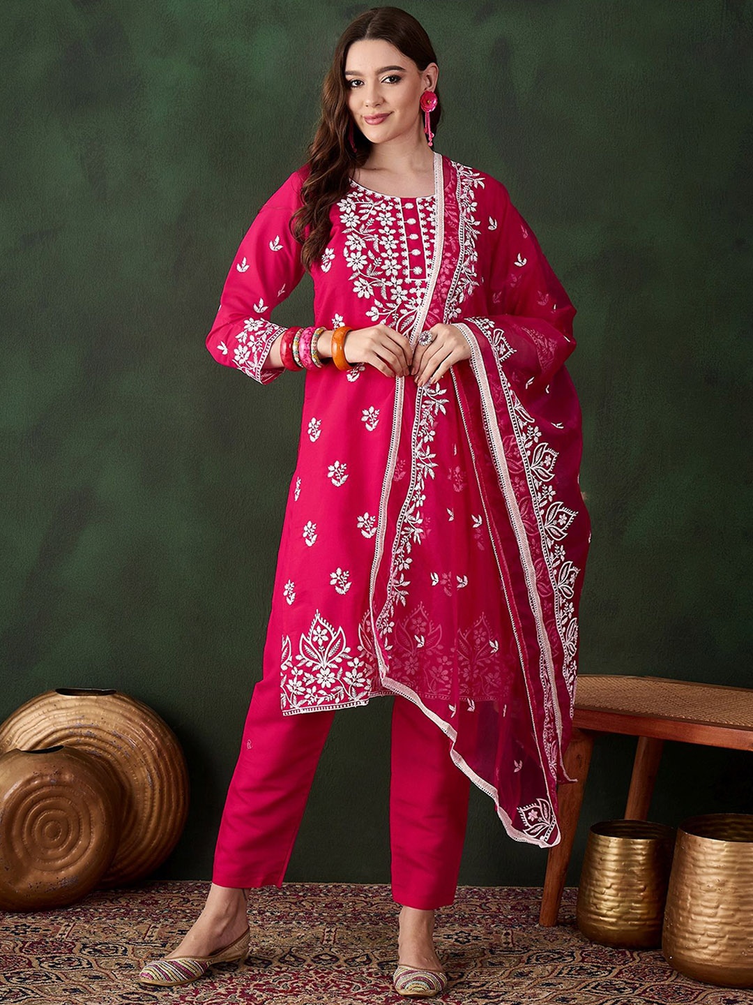 

Maroosh Floral Embroidered Round Neck Thread Work Kurta With Trousers & Dupatta, Pink