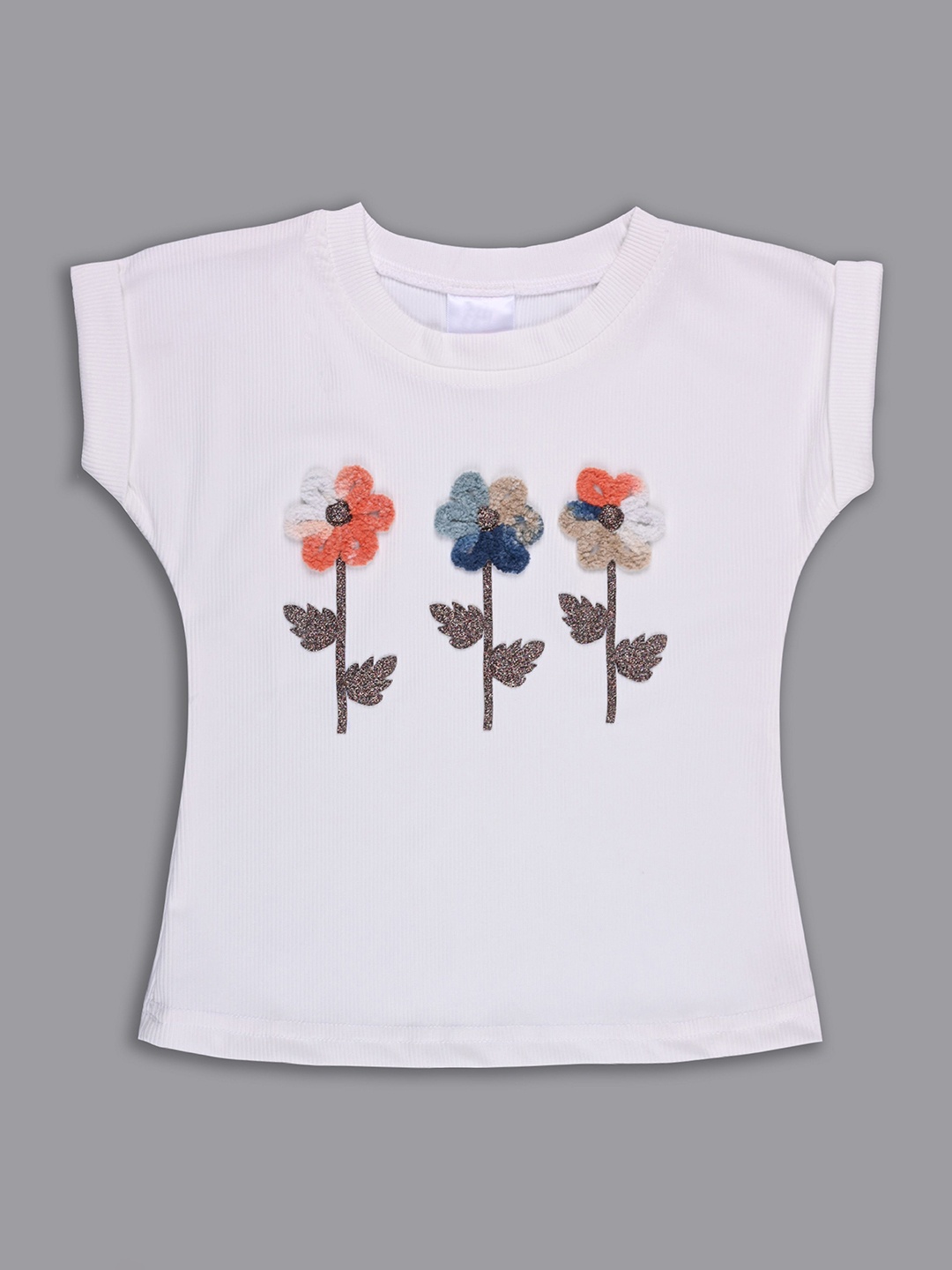 

Wish Karo Girls Floral Printed Round Neck Regular Fit Cotton T-shirt, White