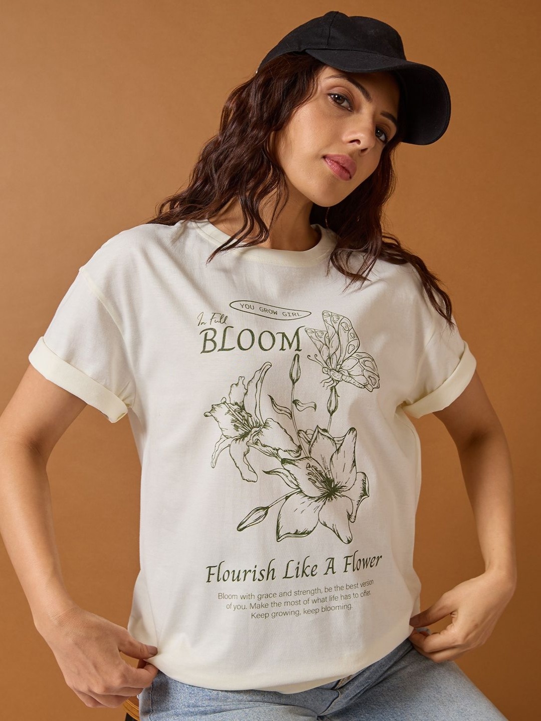 

Mast & Harbour Women Floral Printed Round Neck Cotton Relaxed Fit T-shirt, Off white
