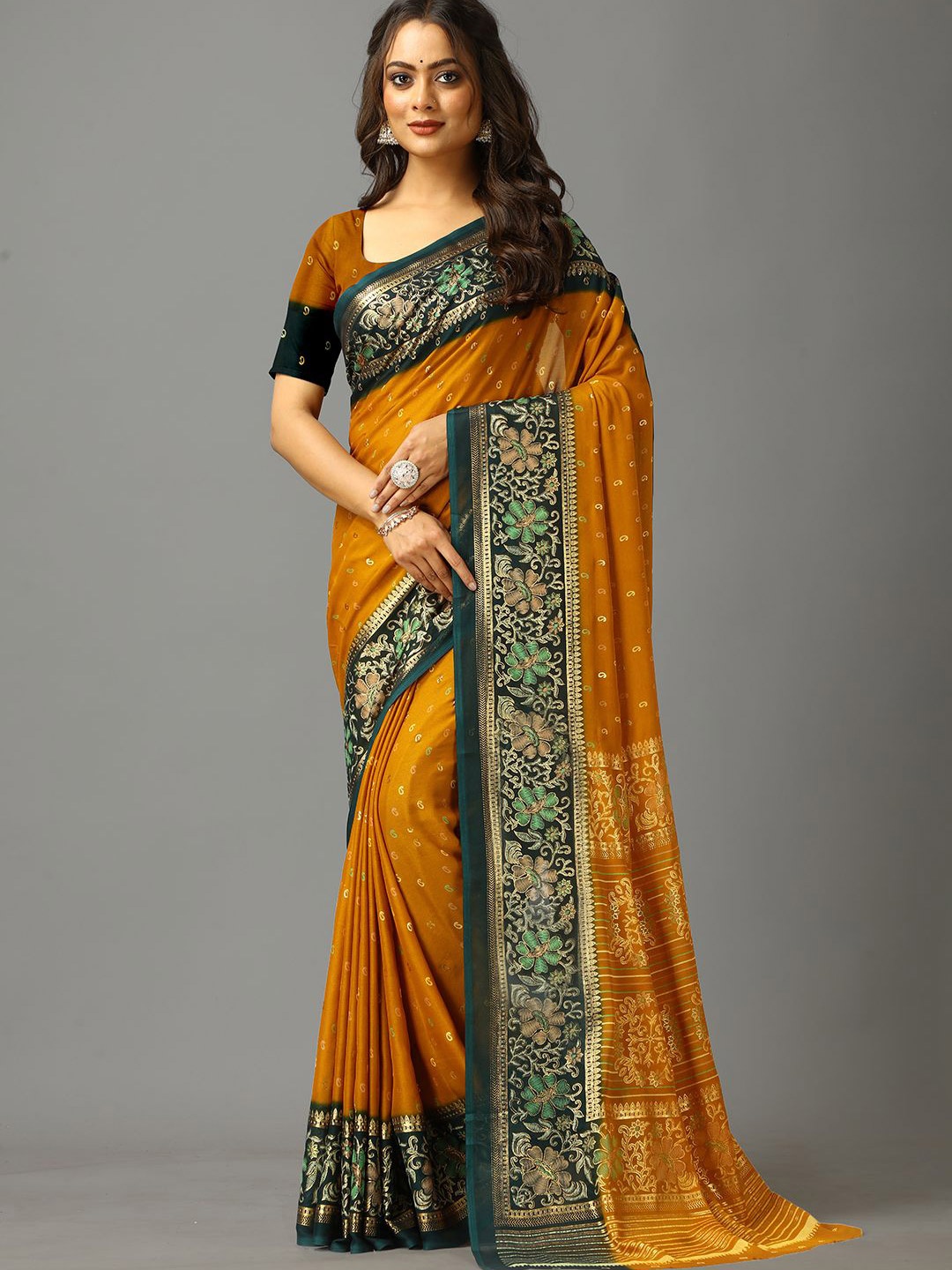 

A.V.M. SILK MILLS Paisley Pure Crepe Saree, Yellow