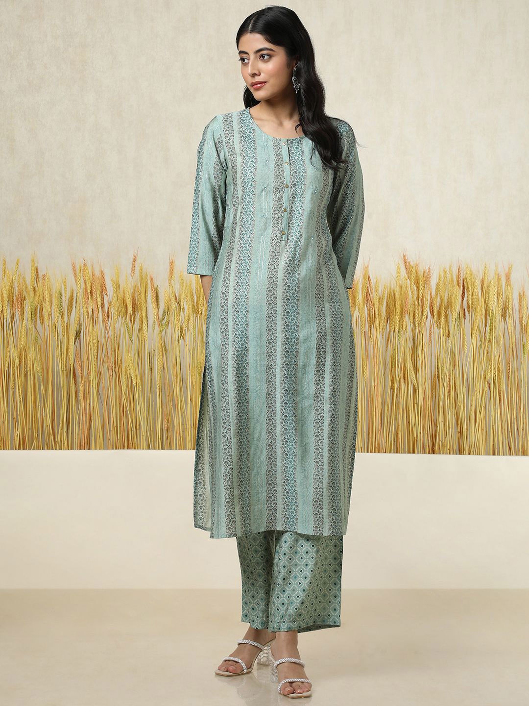 

Soch Floral Printed Round Neck Mirror Work Straight Kurta With Trousers, Blue