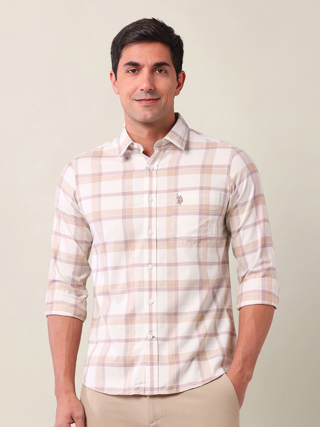 

U.S. Polo Assn. Men Classic Tailored Fit Opaque Checked Casual Shirt, Beige