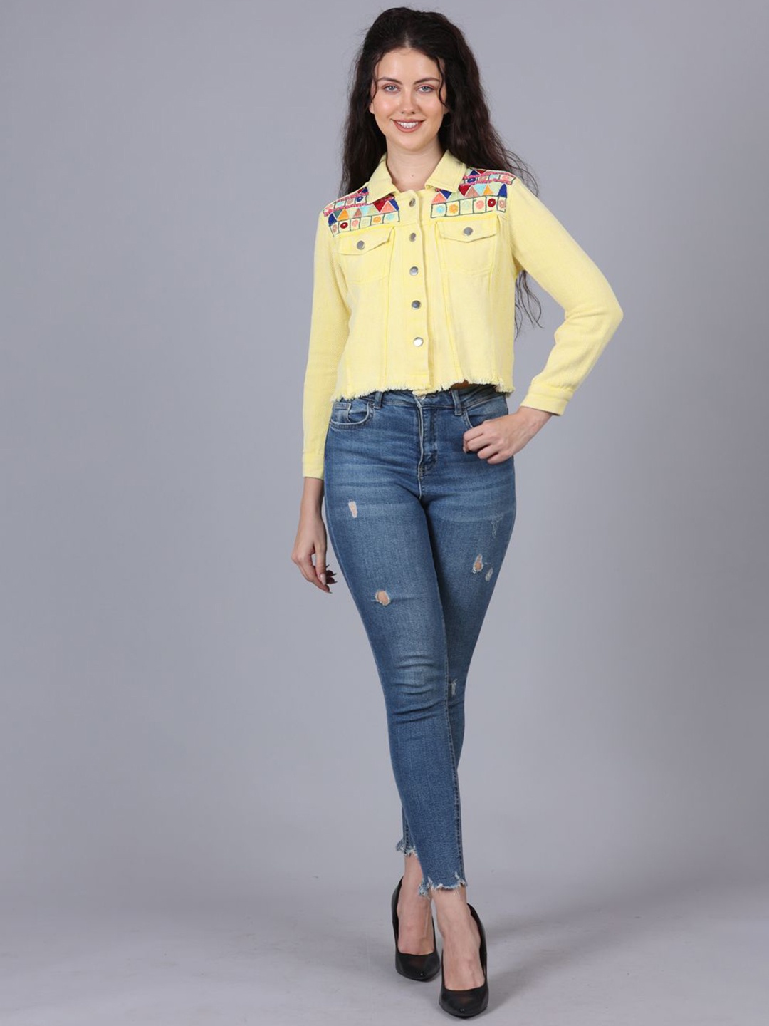 

POPPIES LANE Women Cotton Crop Denim Jacket, Yellow