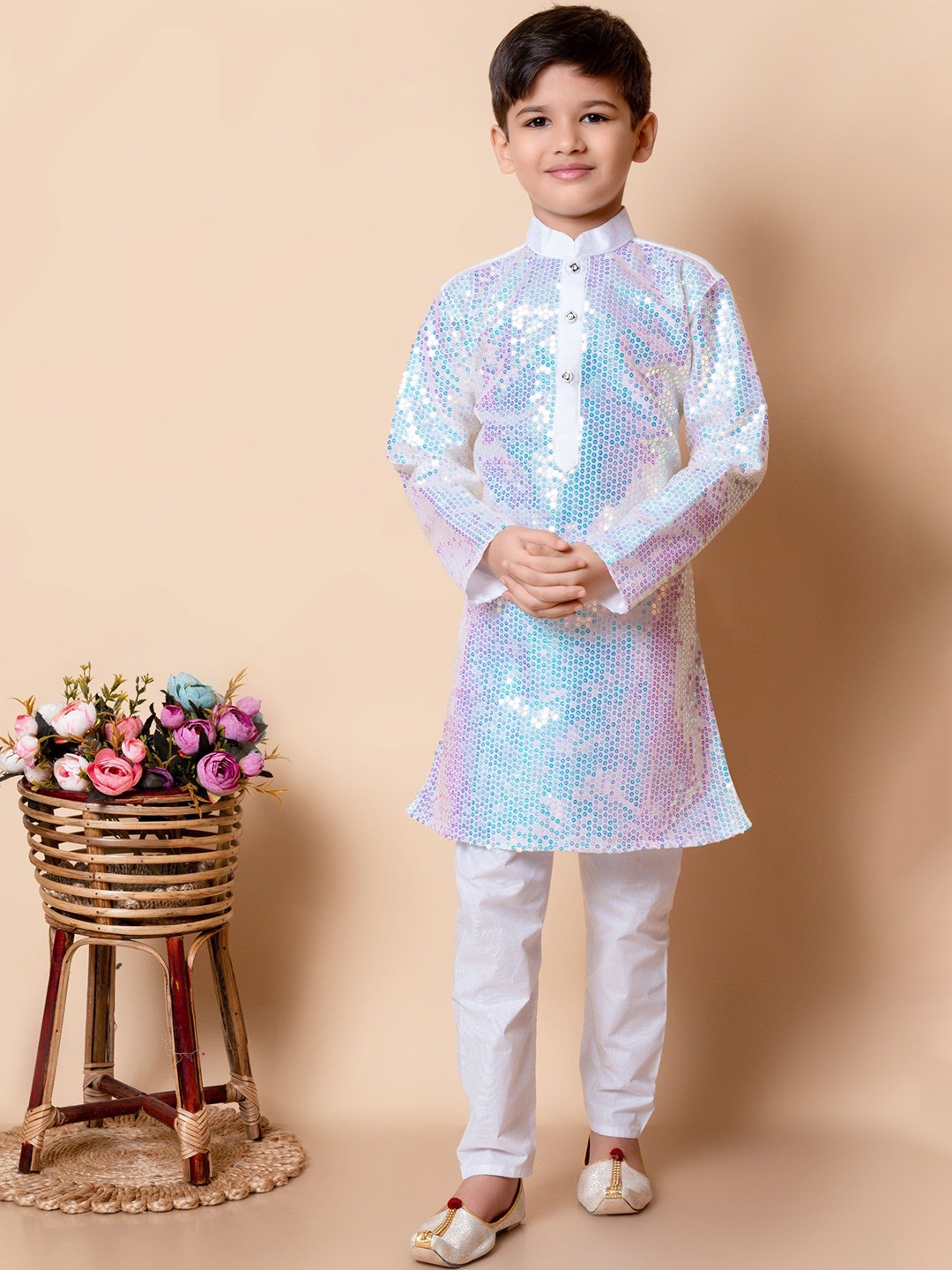 

Cae Boys Sequinned Mandarin Collar Dupion Silk Kurta With Pyjama, White