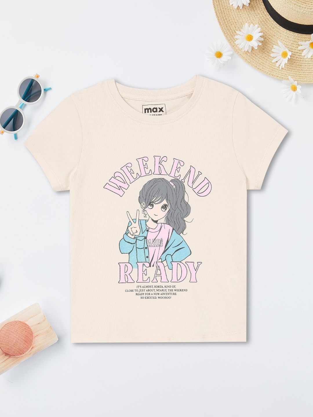 

max Girls Graphic Printed Round Neck Cotton T-shirt, Off white