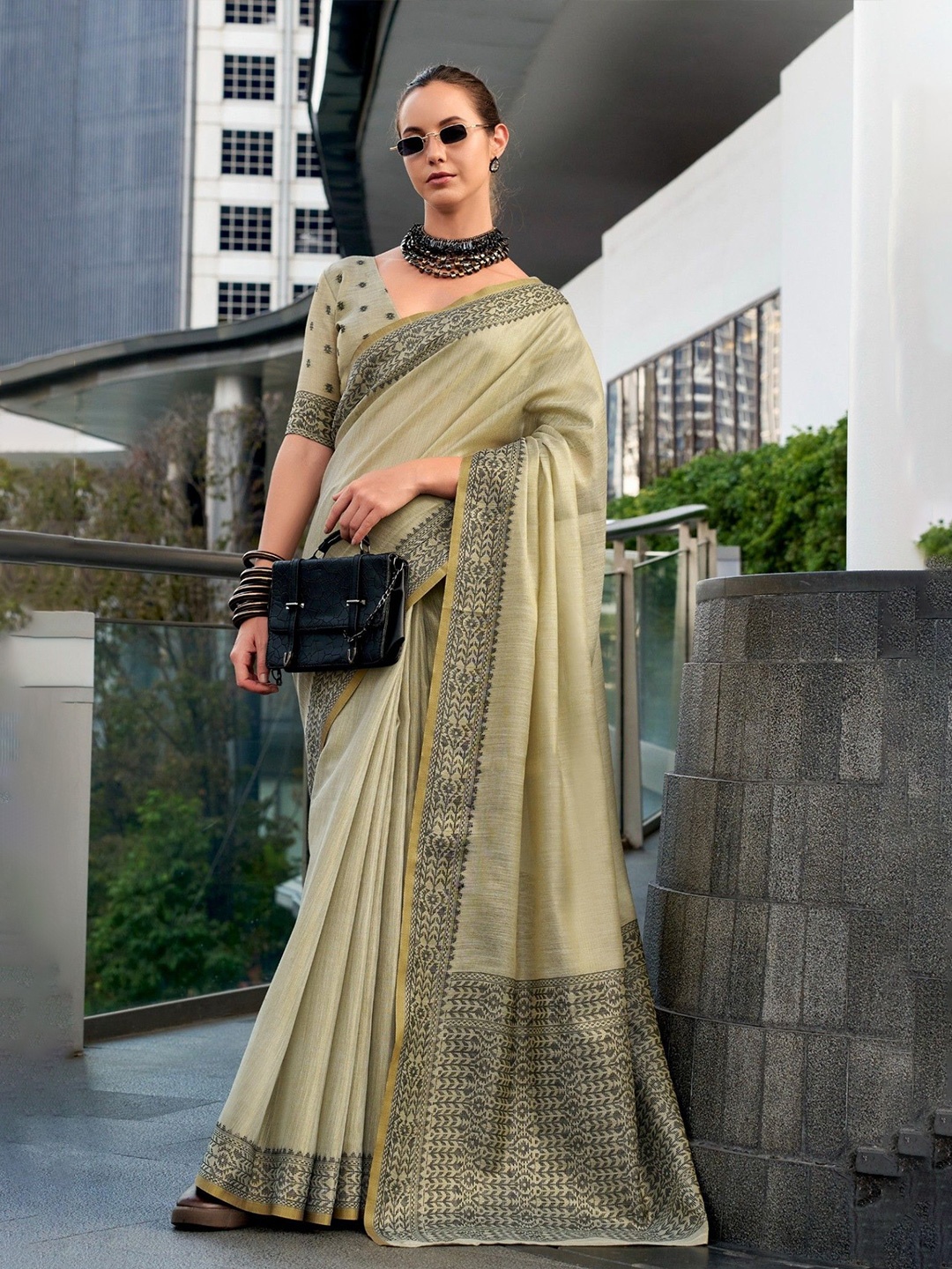 

MySilkLove Hazel Wood Cream Linen Tissue Silk Saree