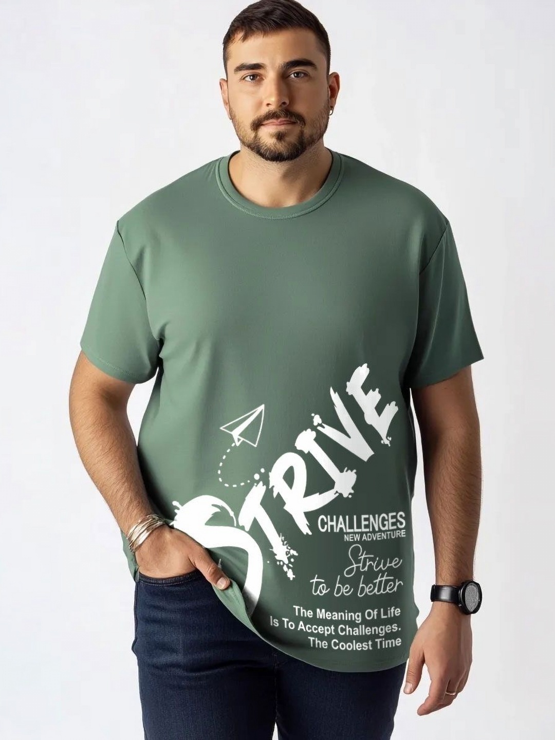 

Toodle Plus Unisex Plus Size Graphic Printed Round Neck Pure Cotton T-Shirt, Green