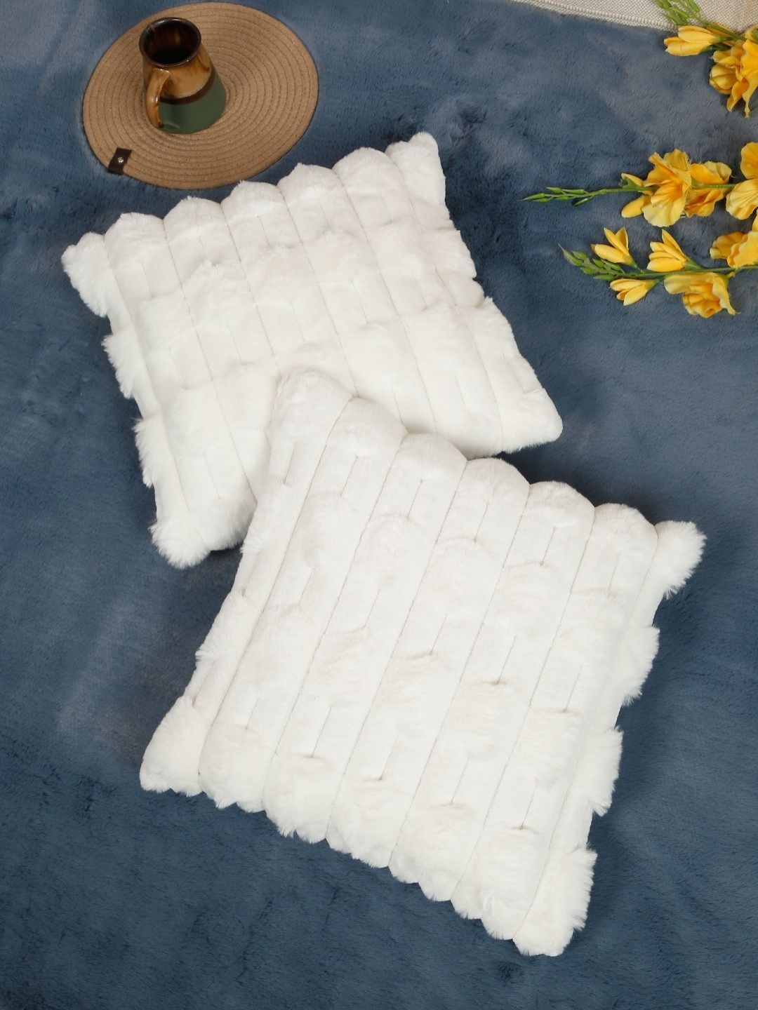 

HOSTA HOMES White 2 Pieces Textured Fur Square Cushion