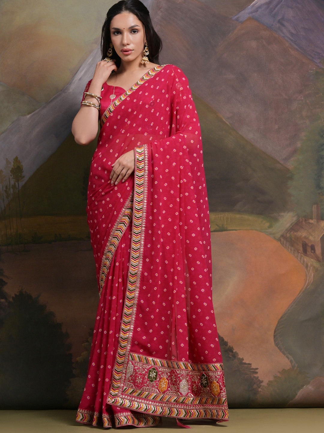 

DIVASTRI Bandhani Printed Sequinned Saree, Pink