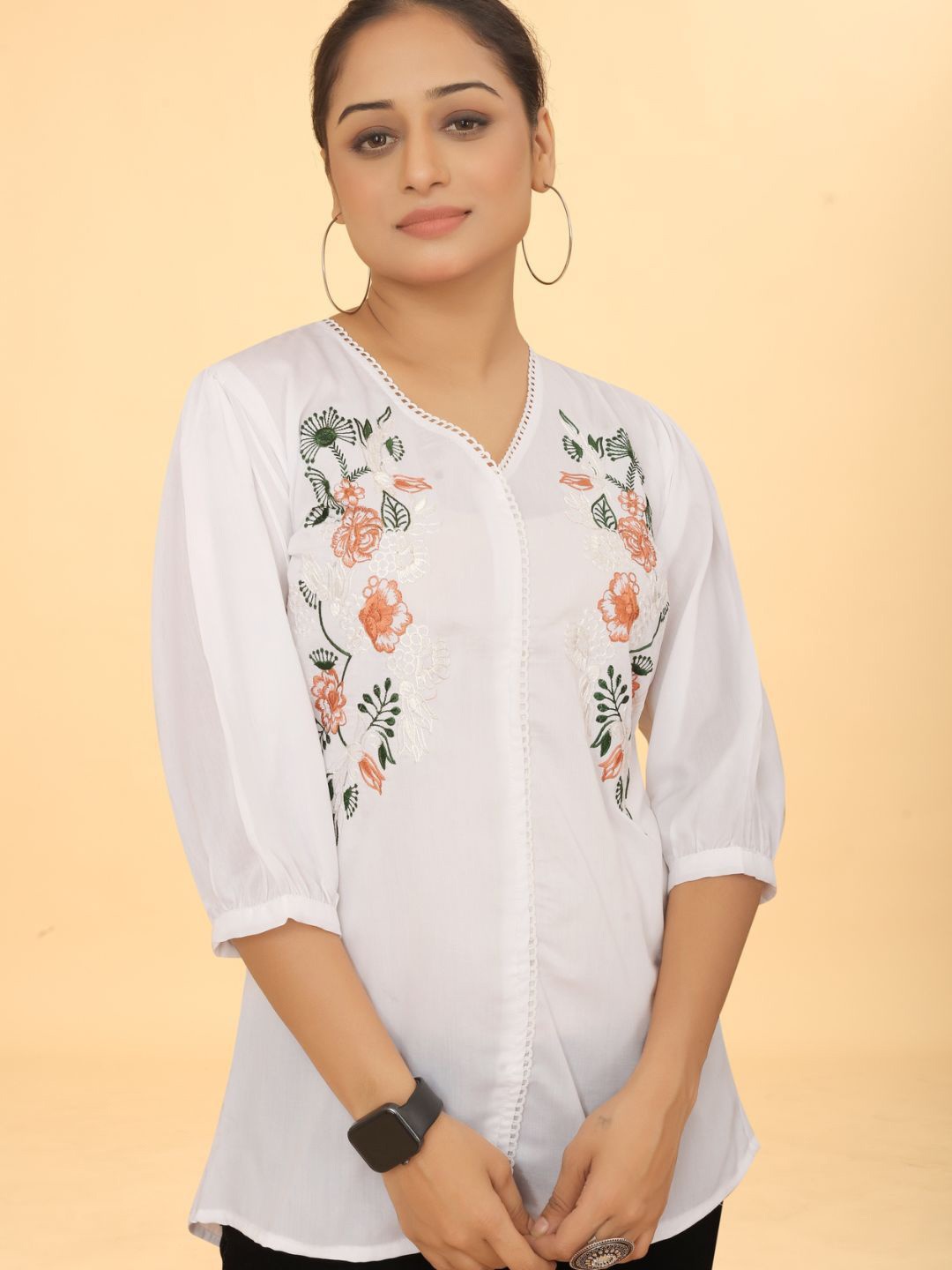 

Kesudi Women Embroidered V-Neck Three-Quarter Sleeves Tunic, White