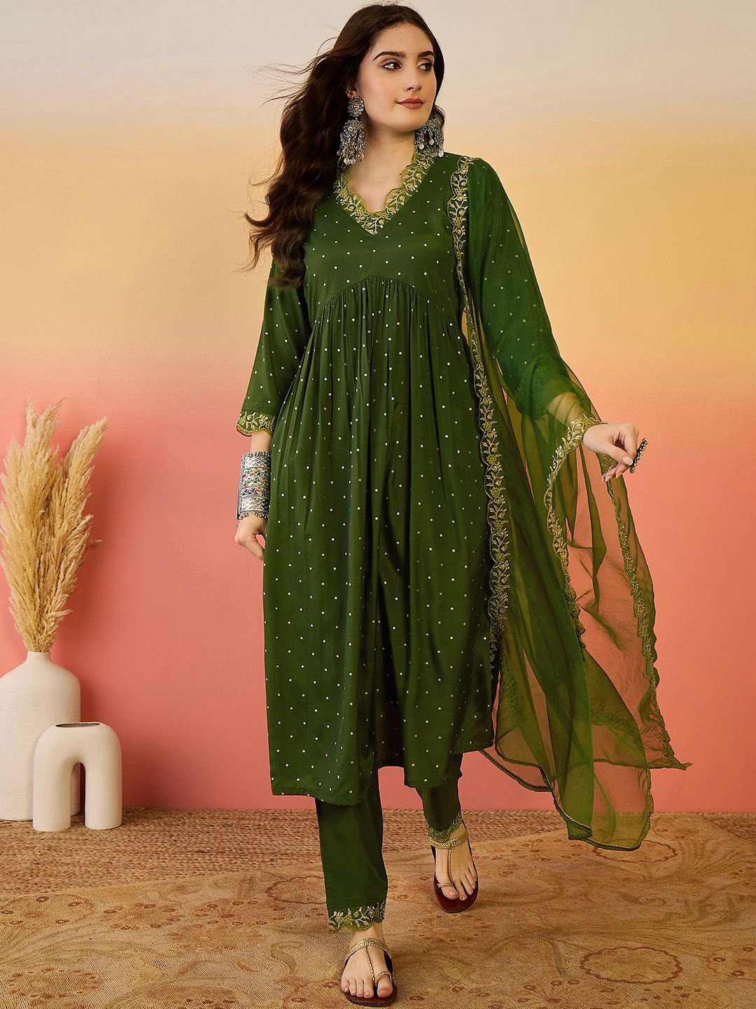 

Sangria Floral Zari Work V-Neck Empire A-Line Kurta With Trousers And Dupatta, Green