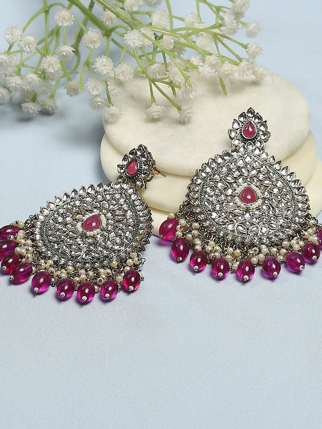 

Biba Gold-Plated Artificial Stones Studded and Beaded Contemporary Shaped Drop Earrings, Pink
