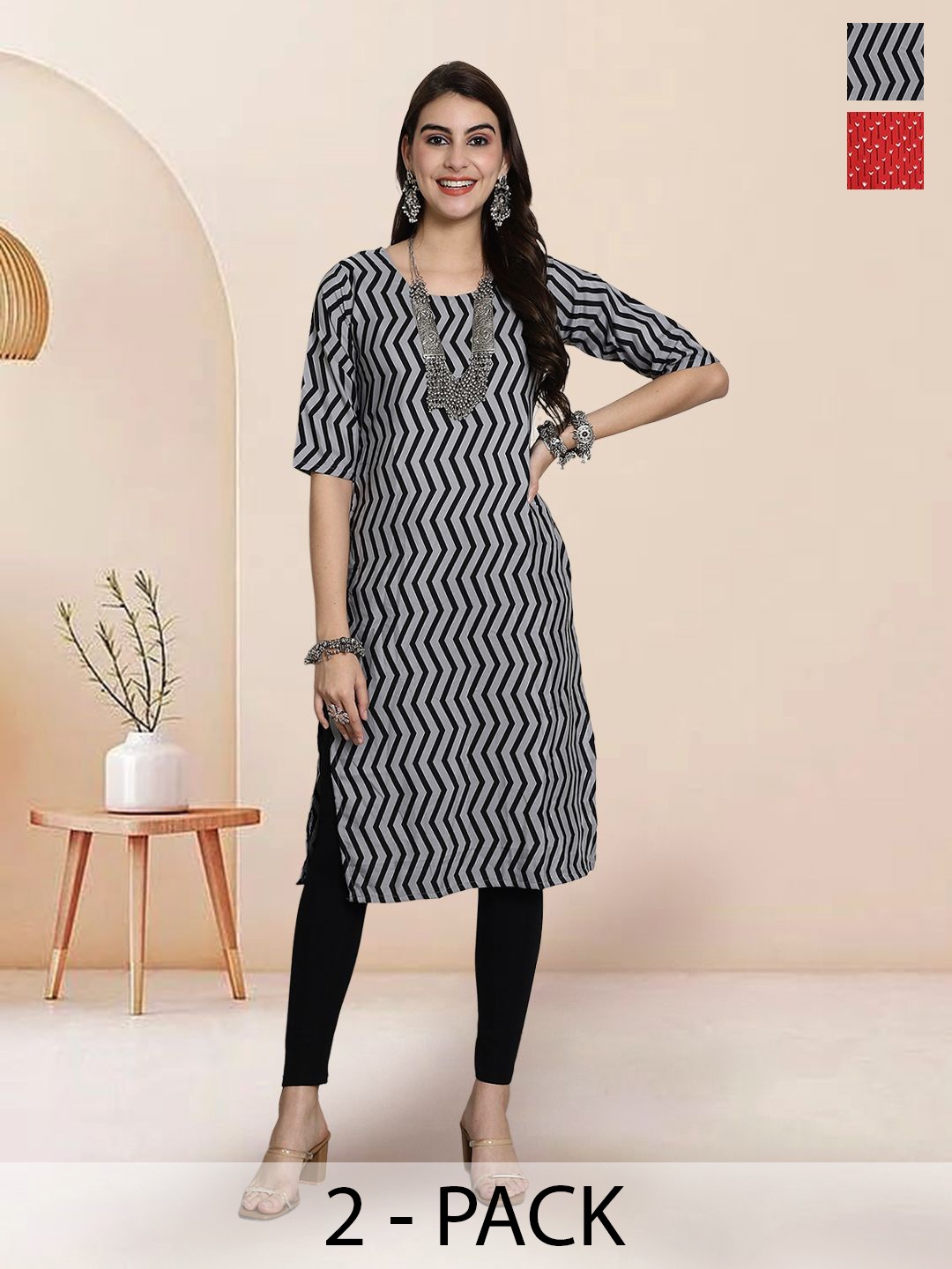 

7Threads Selection Of 2 Chevron Printed Round Neck Straight Kurtas, Black